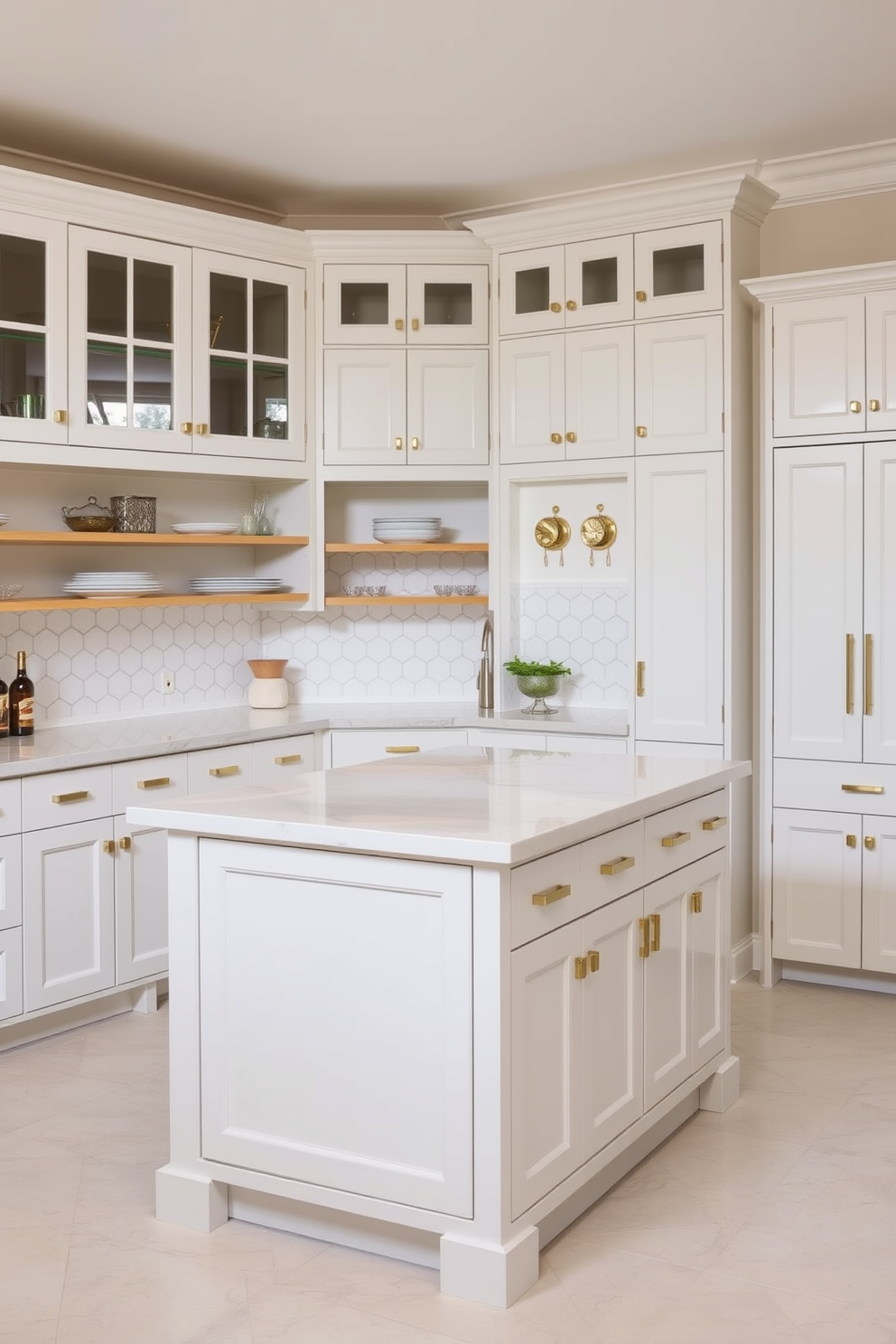 A spacious pantry island with additional storage space featuring open shelving and a large countertop for meal prep. The cabinetry is painted in a soft white finish, complemented by brass hardware and a stylish backsplash in subtle geometric patterns.