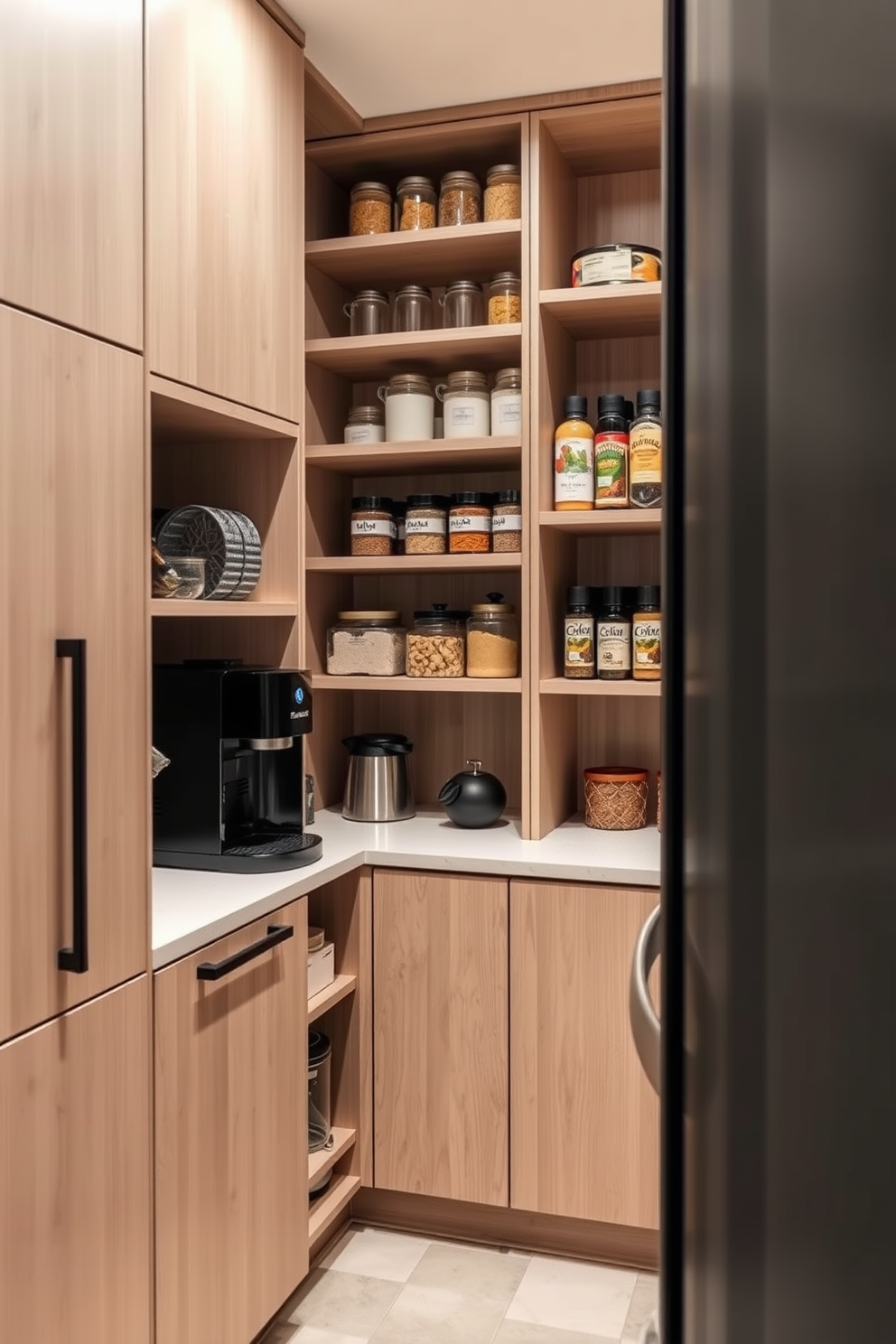 A multi-functional pantry designed to maximize space and efficiency. The pantry features a sleek coffee station with a built-in espresso machine and shelves for coffee mugs and accessories. The cabinetry is crafted from light wood with a matte finish, providing a modern touch. Open shelving displays neatly organized jars of spices and ingredients, while a small countertop area allows for easy meal prep.