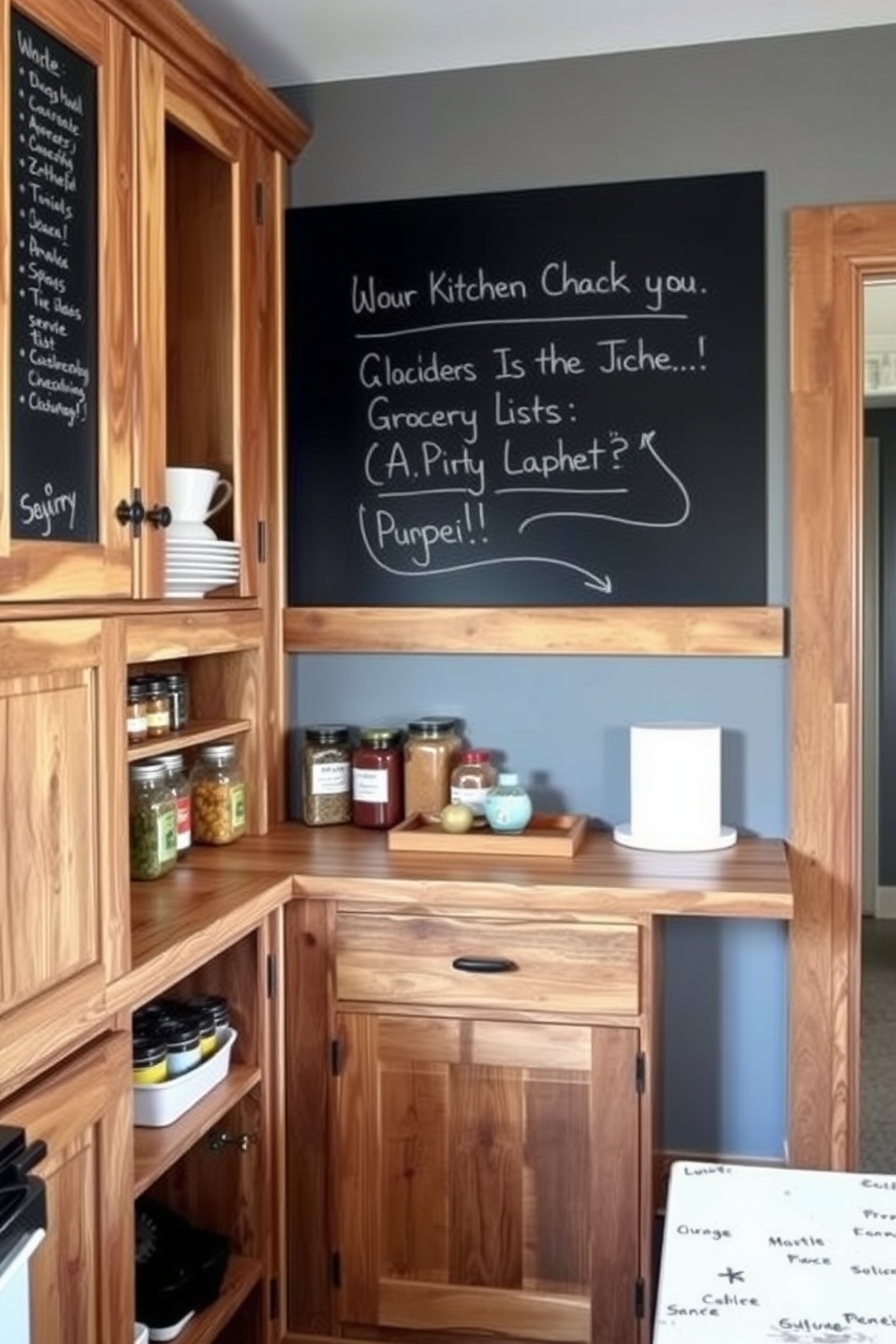 A cozy kitchen pantry featuring a chalkboard wall for jotting down notes and grocery lists. The pantry cabinets are crafted from reclaimed wood, showcasing a rustic charm with open shelving to display colorful jars and spices.