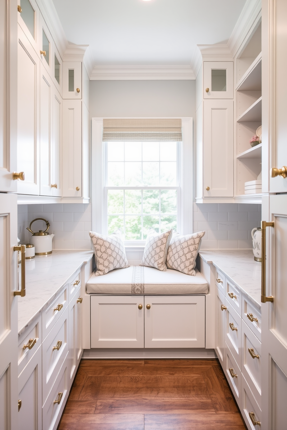 A modern kitchen pantry cabinet with open cubbies for easy item retrieval. The design features natural wood shelving and a sleek white finish, creating a bright and airy feel.