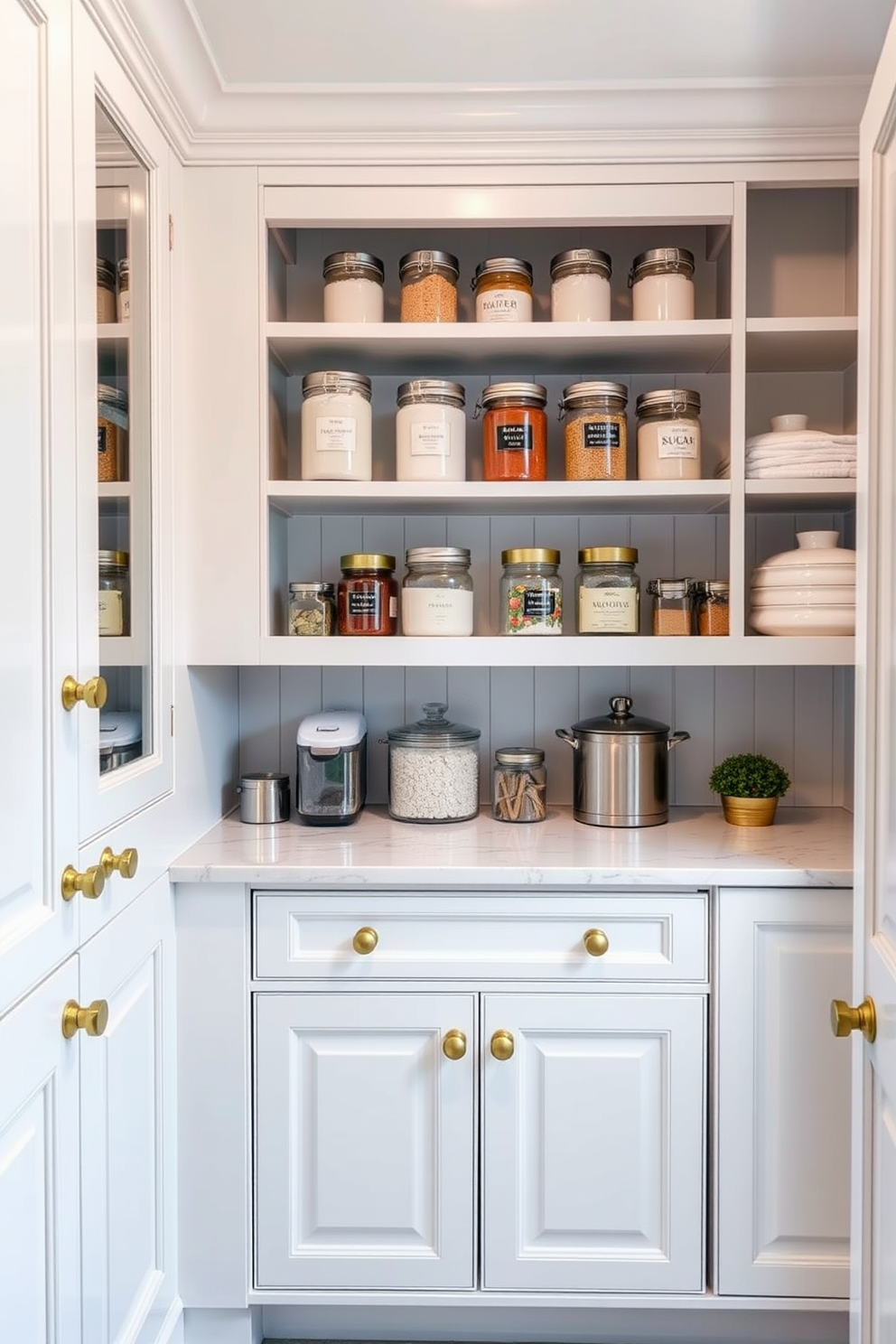 A spacious pantry featuring a dedicated baking station. The cabinetry is painted in a soft white with brushed brass hardware, providing an elegant touch. The baking station includes a marble countertop with built-in storage for baking essentials. Shelves above the countertop display neatly organized jars of flour, sugar, and spices.