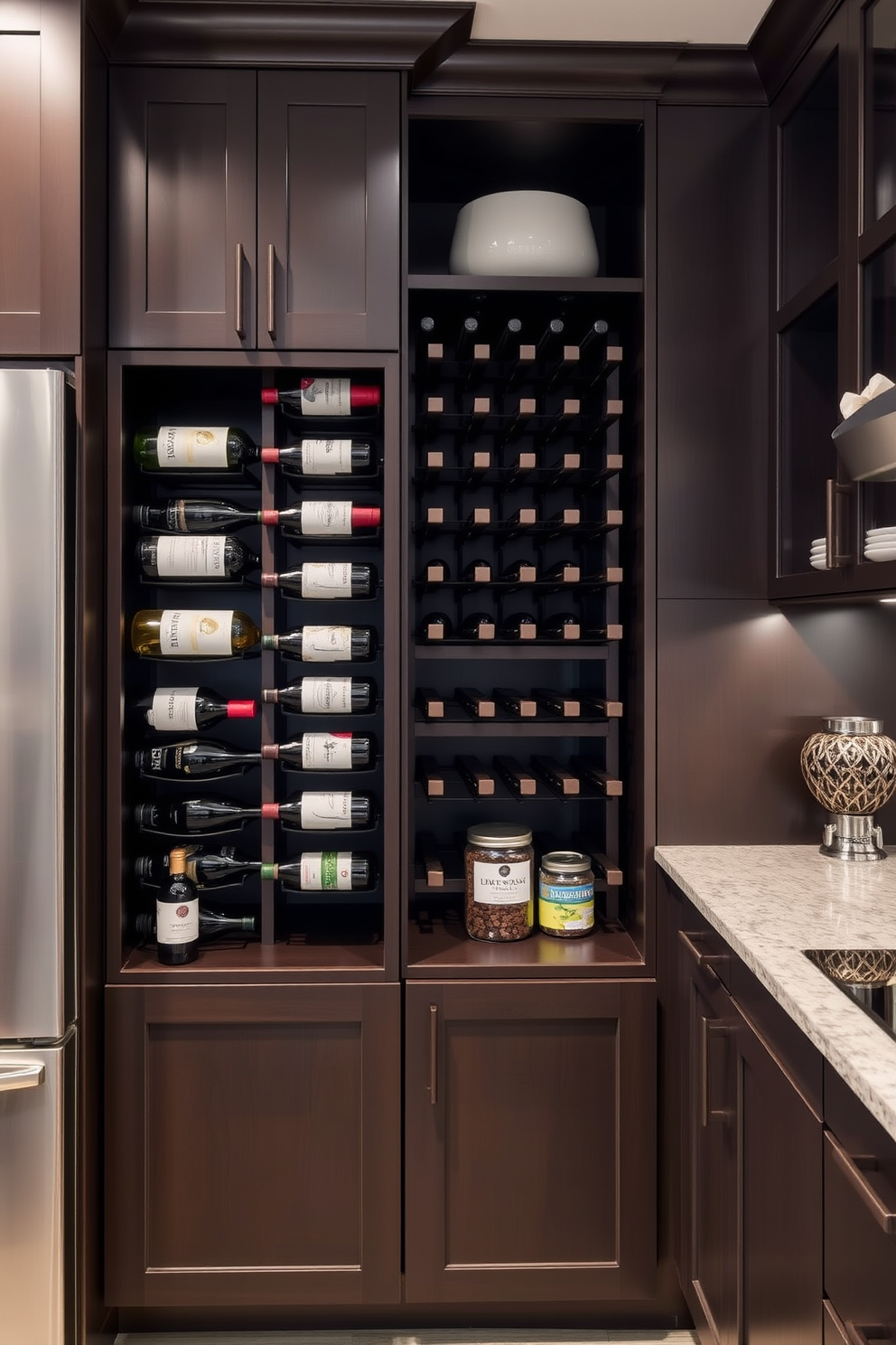 A modern pull-out pantry featuring rotating shelves designed for optimal space utilization. The cabinetry is finished in a sleek white with brushed nickel hardware, creating a clean and contemporary look.