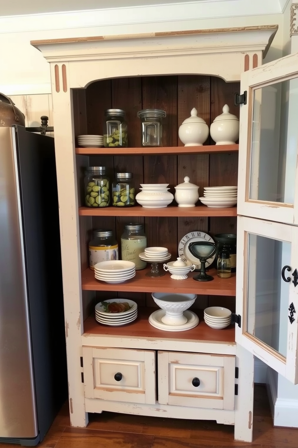 A modern kitchen pantry featuring glass front cabinets that showcase neatly arranged dishes and pantry items. The cabinets are framed in sleek stainless steel, creating an elegant contrast with the warm wooden shelves inside. The pantry is illuminated by soft LED lighting that highlights the contents and adds a cozy ambiance. A stylish island with a marble countertop sits in the center, providing additional storage and workspace for meal preparation.