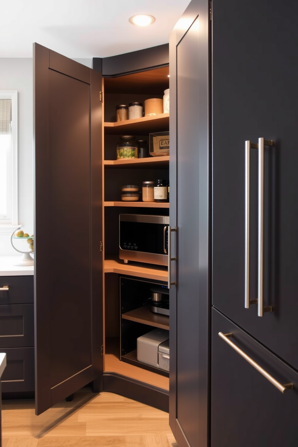 A stylish pantry featuring a hidden appliance garage with sleek cabinetry that seamlessly blends into the surrounding decor. The cabinet doors open to reveal organized shelves and a designated space for small appliances, keeping the countertop clutter-free.