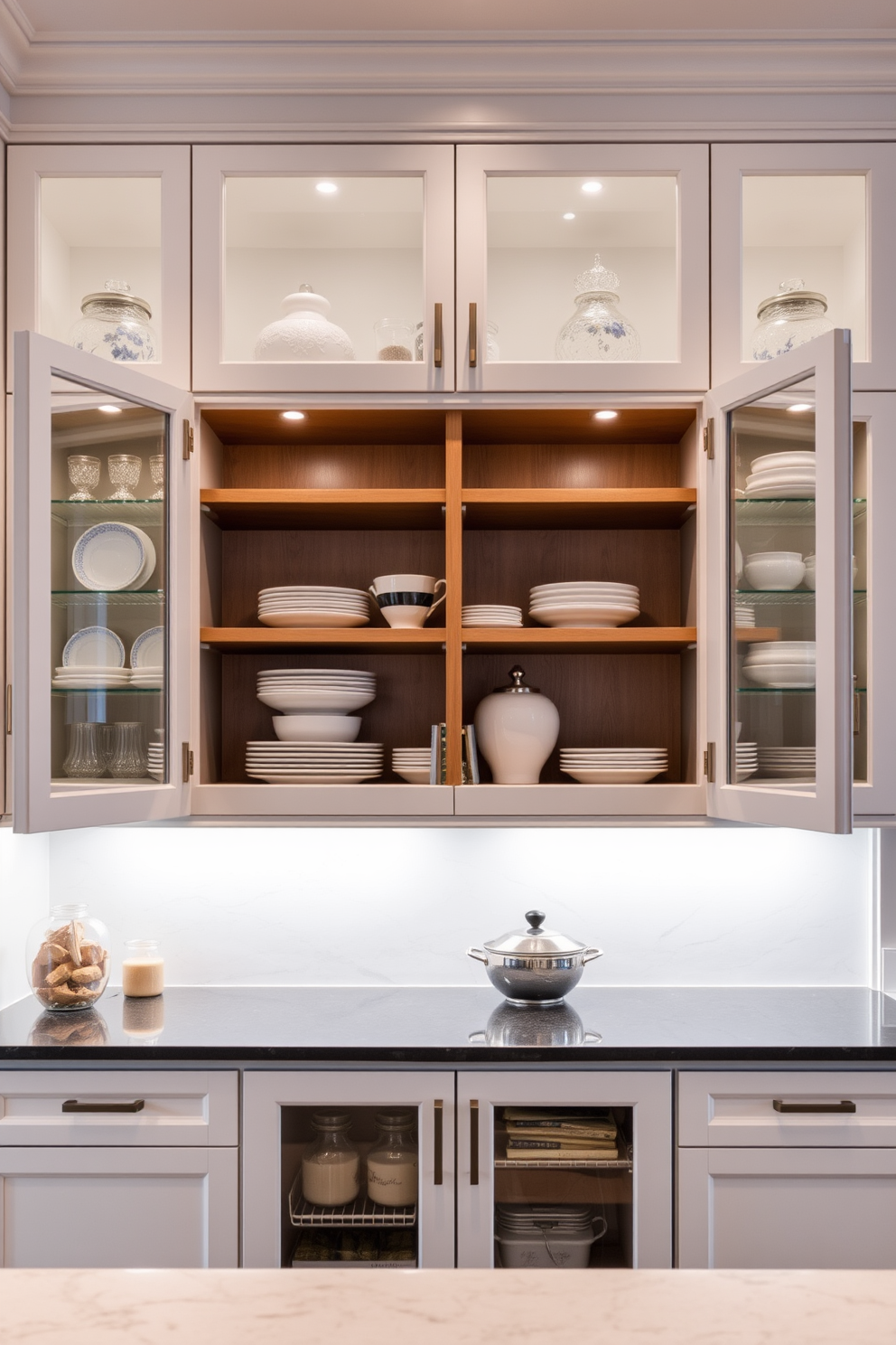 A modern kitchen pantry cabinet featuring under-cabinet lighting that creates a warm and inviting ambiance. The cabinetry is crafted from rich wood with sleek hardware, and the lighting highlights the organized shelves filled with neatly arranged jars and ingredients.