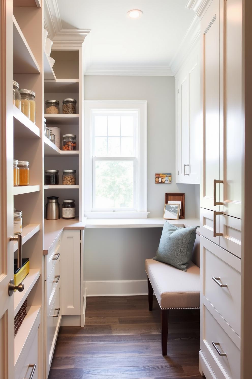 A modern pantry featuring a spacious countertop designed for meal prep. The cabinetry is a sleek white with brushed nickel handles, providing ample storage and a clean aesthetic.