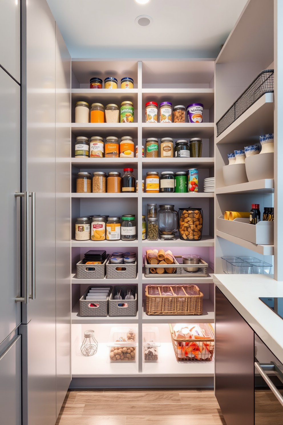 A modern kitchen pantry with stacked shelves designed for maximum storage efficiency. The shelves are filled with neatly organized jars, cans, and baskets, showcasing a variety of colorful ingredients and kitchen essentials. The pantry cabinet features a sleek design with a combination of open and closed shelving. Soft under-shelf lighting illuminates the space, highlighting the textures and colors of the stored items.