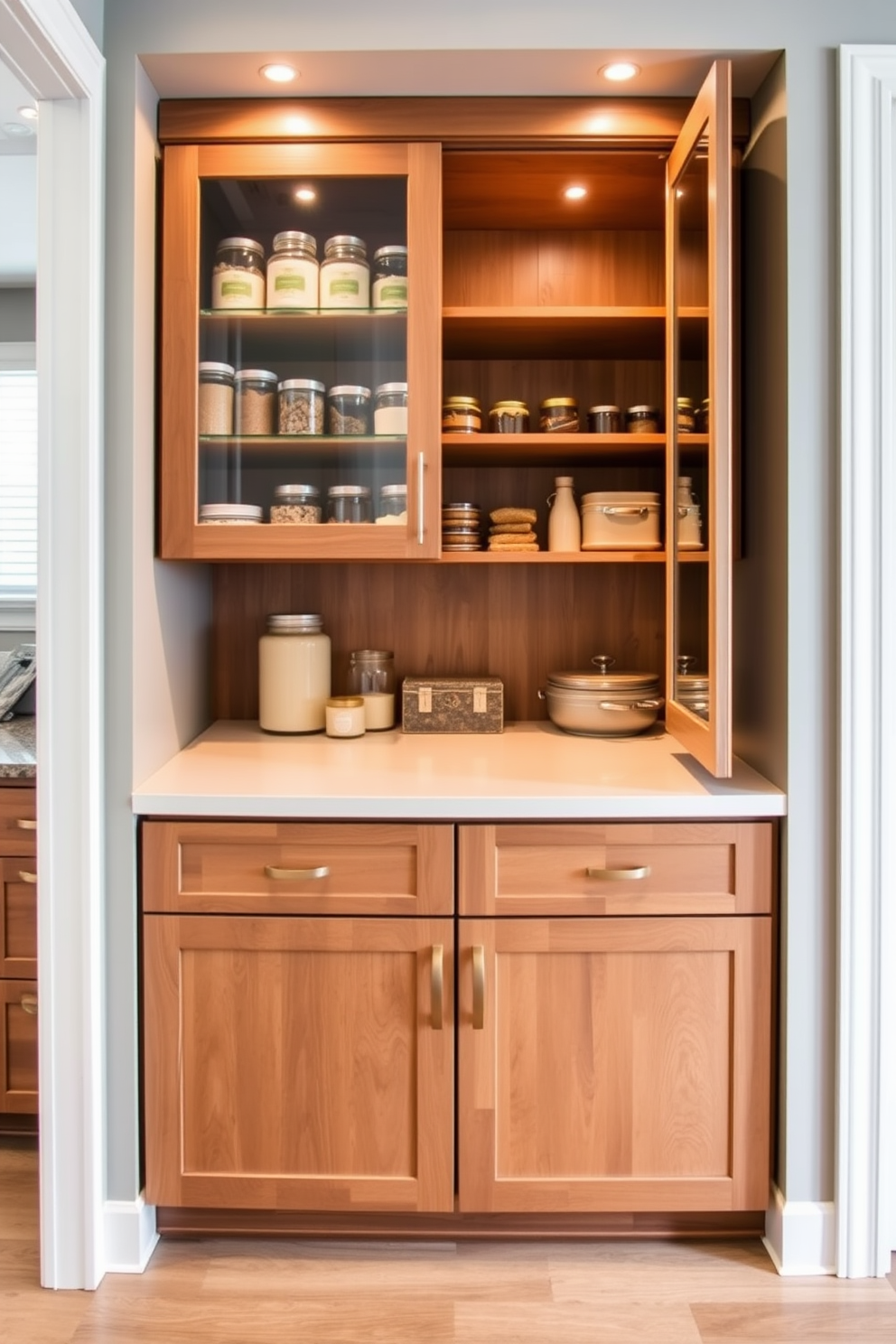 A stylish pantry featuring a combination of open and closed storage options. The design includes sleek wooden cabinets with glass doors showcasing neatly arranged jars and containers, while the lower section consists of solid cabinet doors for concealed storage.