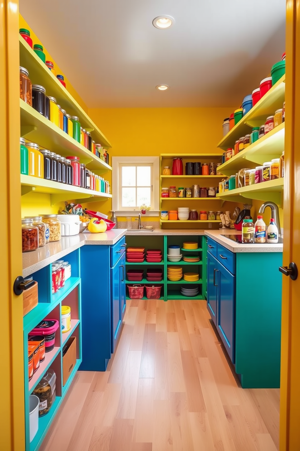 Brightly colored pantry filled with vibrant shelves showcasing an array of colorful jars and containers. The walls are painted in a lively yellow hue, and the floor features a light wood finish that complements the cheerful atmosphere. The pantry cabinets are designed with a mix of bold blues and greens, creating a playful contrast. A small window allows natural light to flood the space, enhancing the bright and inviting feel of the kitchen pantry.