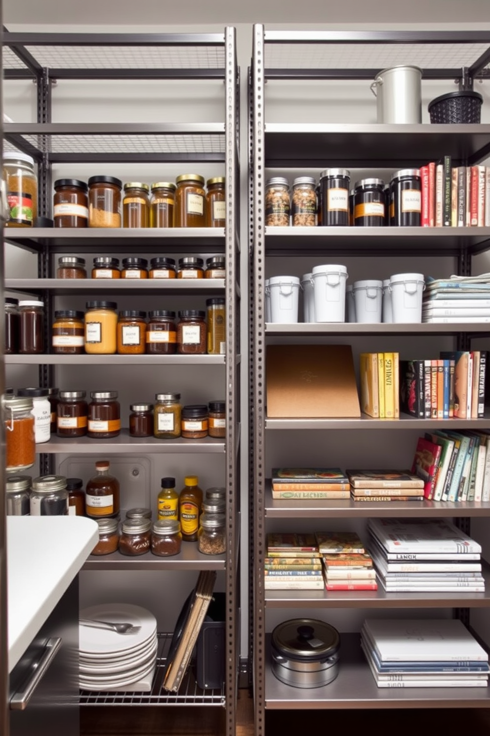 A sleek industrial kitchen pantry featuring metal shelving units with an open design. The shelves are filled with an array of jars, spices, and cookbooks, showcasing a blend of functionality and style.