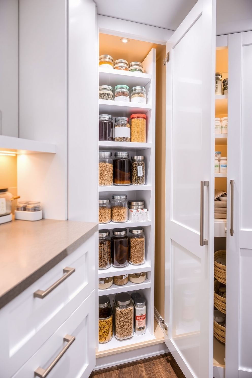 A modern pantry featuring a pull-out pantry tower that maximizes storage efficiency. The cabinetry is a sleek white finish with brushed nickel hardware, providing a clean and contemporary look. Inside the tower, neatly organized jars and containers display a variety of dry goods, making it easy to access ingredients. The pantry is illuminated by warm LED lighting, enhancing the overall ambiance and functionality of the space.