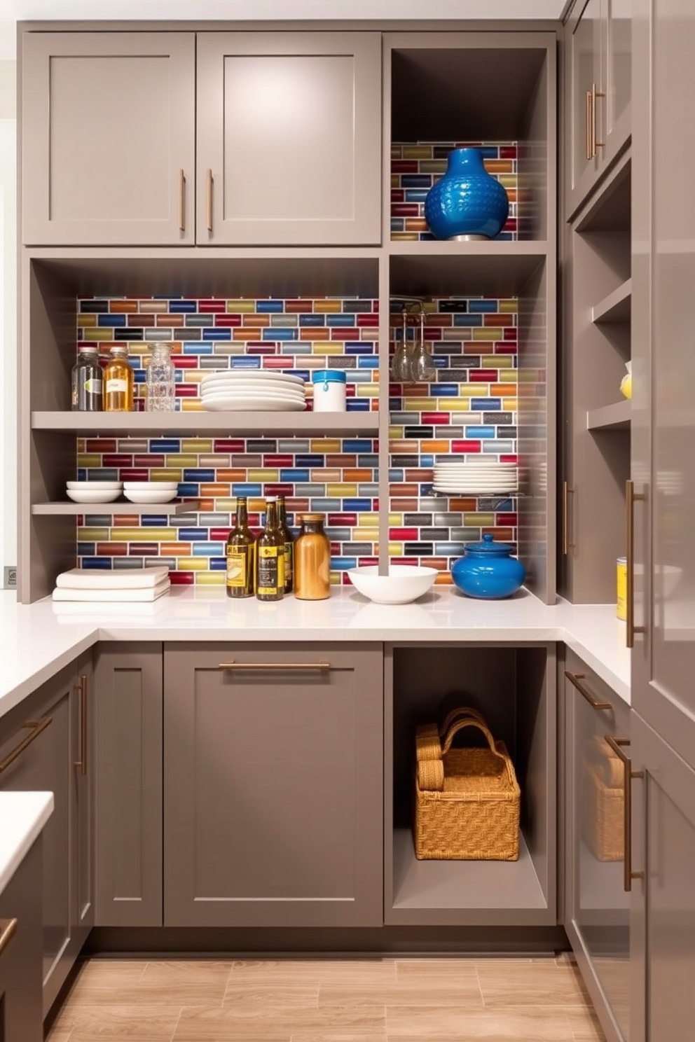 A stylish kitchen pantry featuring a decorative tile backsplash in vibrant colors. The pantry cabinets are sleek and modern, with a combination of open shelving and closed storage for a functional yet aesthetic appeal.