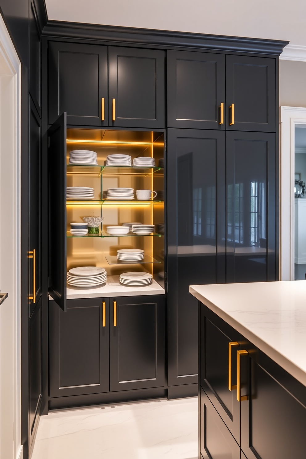 A sleek black cabinetry pantry with gold accents creates a modern and luxurious feel. The cabinets feature minimalist handles and are complemented by open shelving displaying elegant dishware.