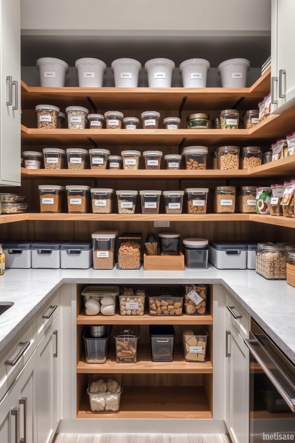 A spacious pantry featuring a dedicated baking zone with a large marble countertop for rolling dough and preparing pastries. The cabinetry is painted in a soft white with brass hardware, providing ample storage for baking supplies and ingredients. Above the countertop, open shelving displays neatly organized jars of flour, sugar, and spices, adding both functionality and charm. A cozy window nook with a small bench is positioned nearby, perfect for enjoying a cup of coffee while overlooking the kitchen.