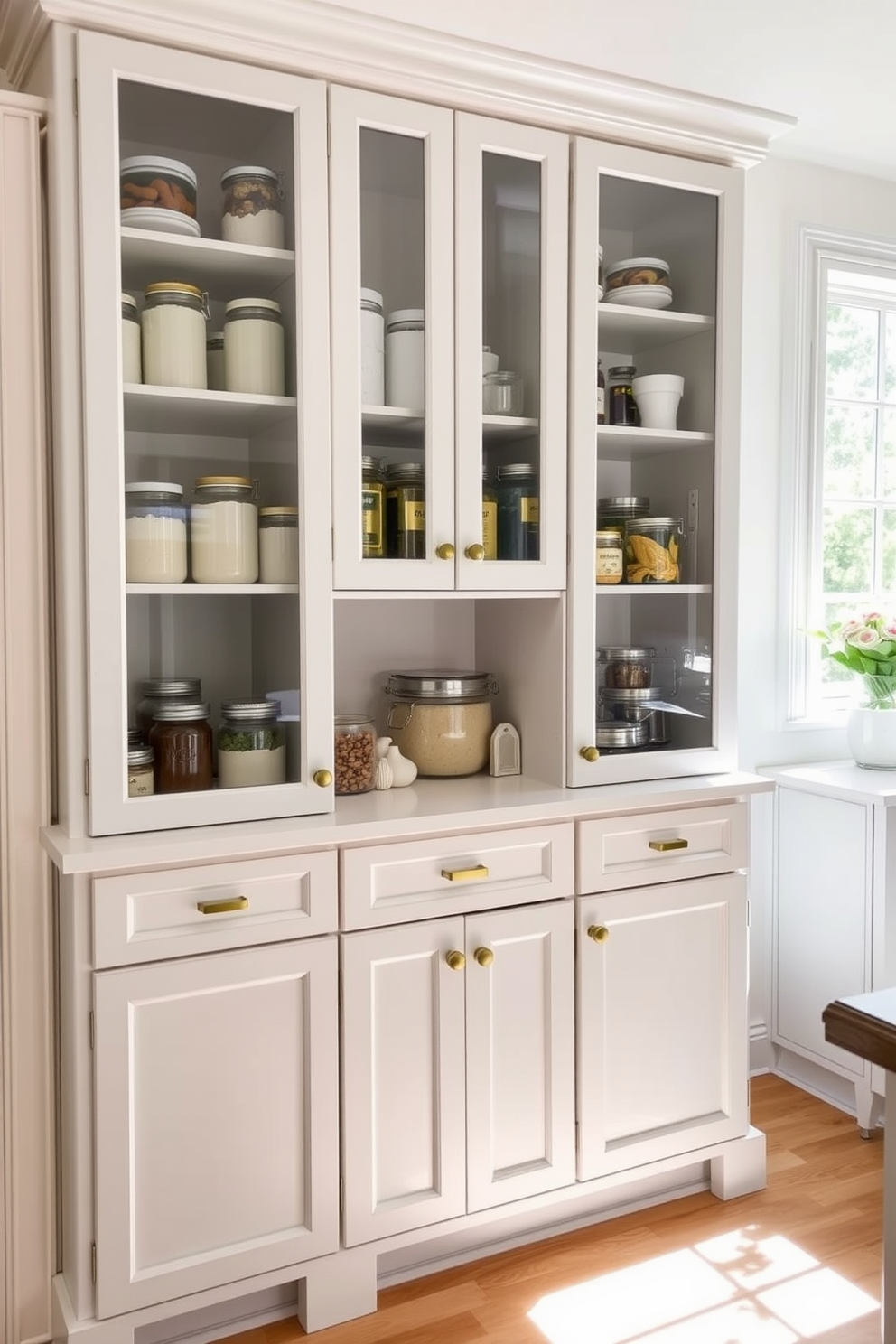 A stylish kitchen pantry featuring glass front cabinets that showcase neatly organized jars and containers. The cabinetry is painted in a soft white finish, complemented by brass hardware for a touch of elegance. The pantry includes open shelving for easy access to frequently used items, creating a functional yet visually appealing space. Natural light streams in through a nearby window, enhancing the bright and airy atmosphere of the kitchen.