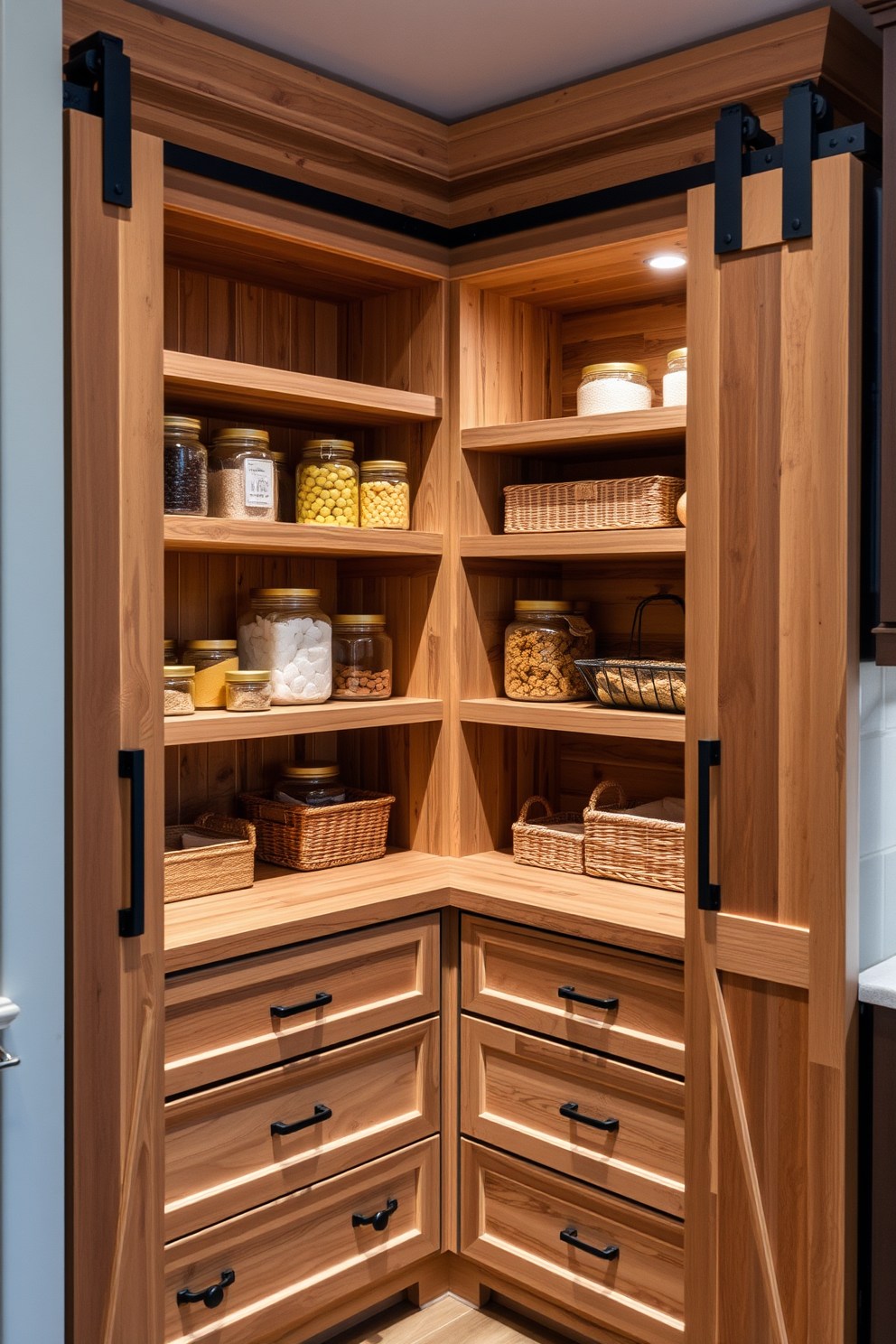 A modern kitchen pantry featuring built-in spice racks for easy access and organization. The cabinetry is designed with sleek lines and a warm wood finish, complemented by open shelving for displaying jars and spices.