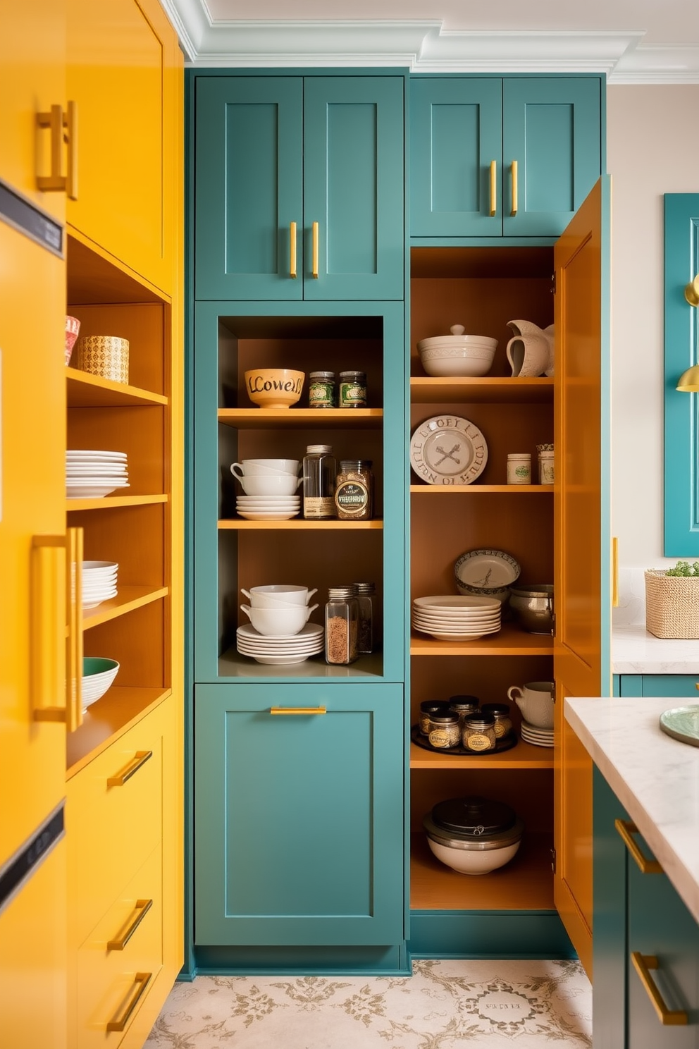 A cozy kitchen pantry featuring sliding barn doors adds rustic charm to the space. The pantry is filled with open shelves made of reclaimed wood, showcasing neatly organized jars and baskets.