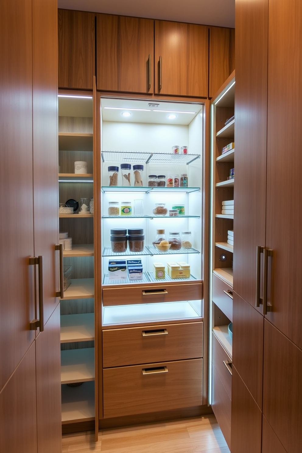 A modern kitchen pantry cabinet features open ladder shelves on one side for easy access to spices and cooking essentials. The cabinetry is painted in a soft white, complemented by natural wood accents for a warm and inviting feel. The ladder shelves are filled with neatly organized jars and baskets, showcasing a variety of colors and textures. A small potted herb garden sits on the top shelf, adding a touch of greenery and freshness to the space.