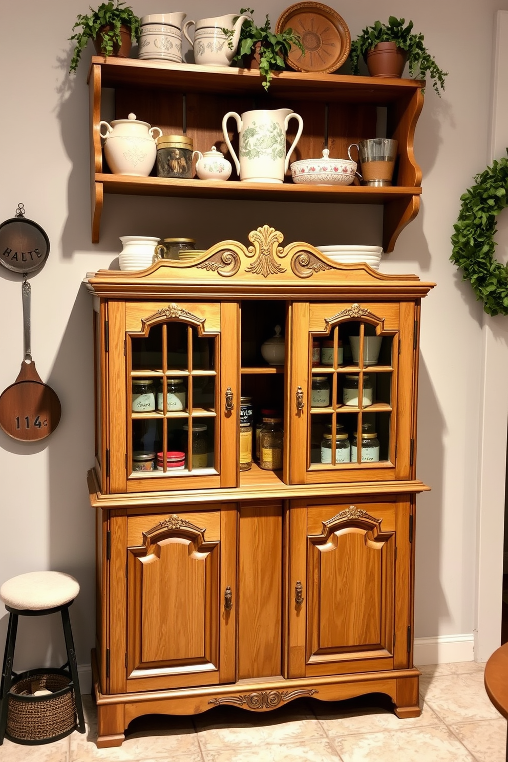 A vibrant kitchen pantry with colorful cabinet doors that create a bold statement. The cabinets are painted in a mix of bright hues, featuring sleek handles and a modern finish. Inside the pantry, organized shelves display an array of jars and containers, showcasing a variety of ingredients. A stylish ladder leans against the shelves, adding both functionality and charm to the design.