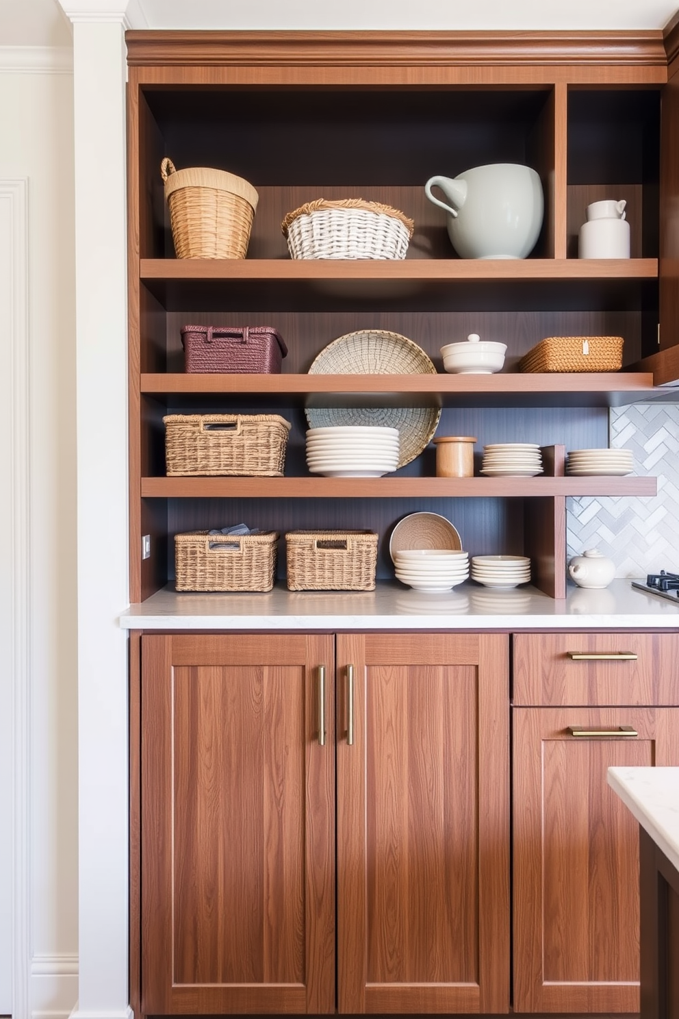 A modern kitchen pantry cabinet with integrated lighting that highlights the organized shelves. The cabinet features sleek, handleless doors and a warm wood finish that complements the overall kitchen decor. Inside, adjustable shelves are illuminated by soft LED strip lights, showcasing neatly arranged jars and containers. The pantry is designed for maximum functionality, with pull-out drawers and dedicated spaces for small appliances.