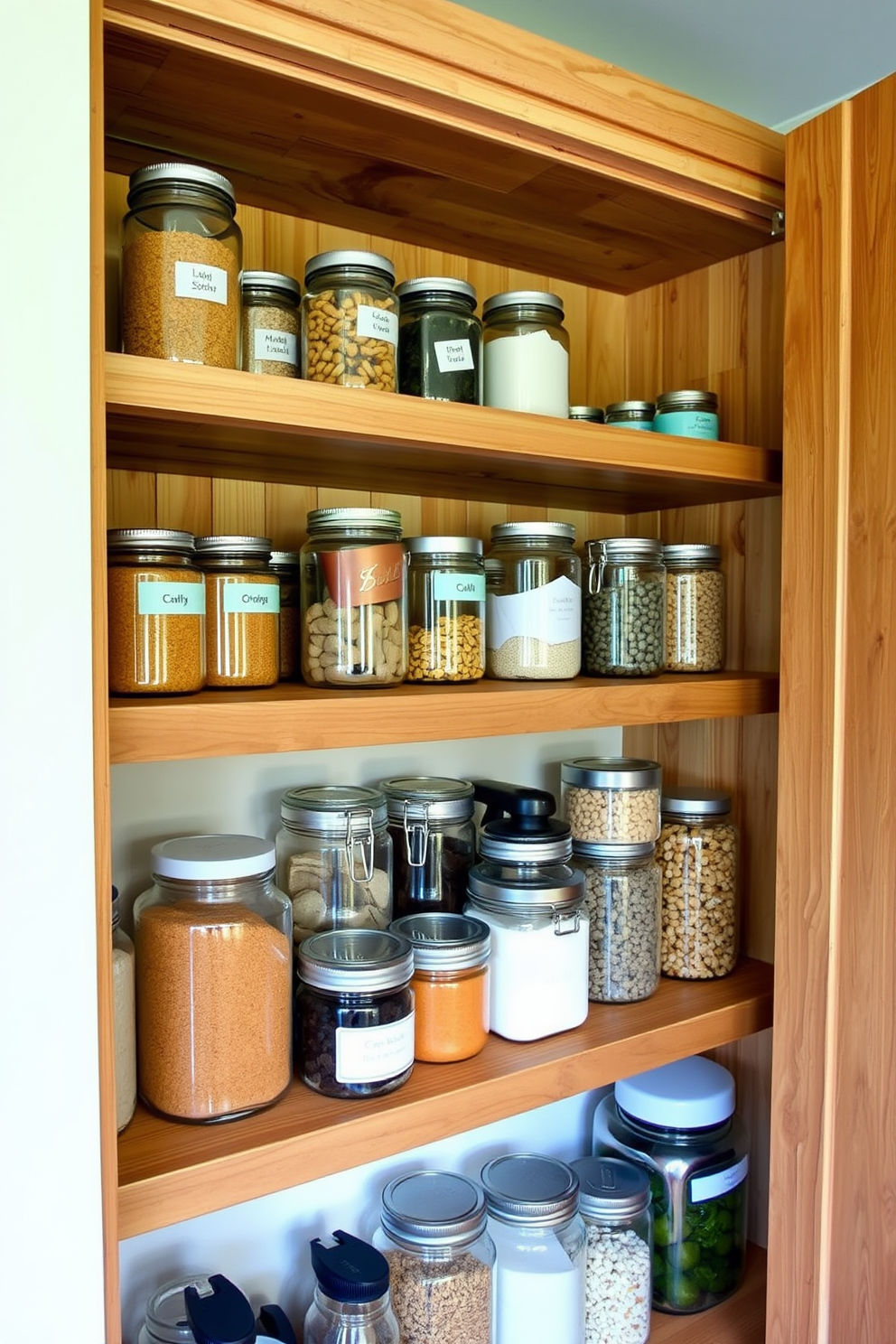 A modern kitchen pantry featuring open shelving for easy access to ingredients and cookware. The shelves are made of reclaimed wood, providing a warm contrast to the sleek white cabinetry surrounding them. Glass jars filled with various grains and spices are neatly organized on the shelves, adding both functionality and aesthetic appeal. A small herb garden sits on the windowsill, bringing a touch of greenery and freshness to the space.