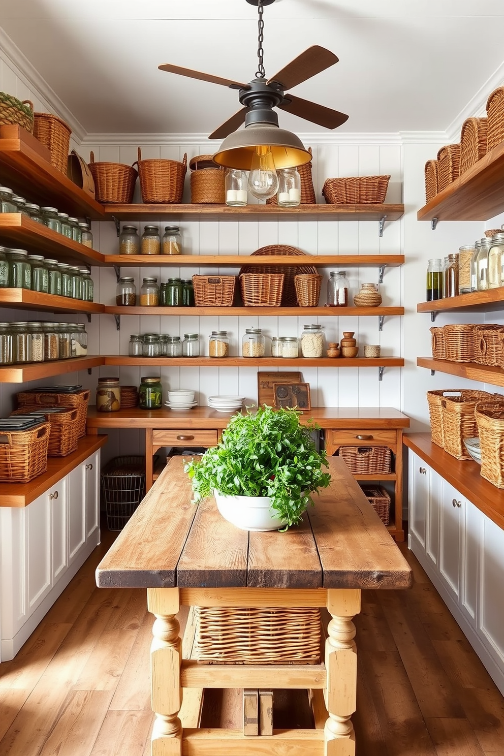 A farmhouse style pantry exuding rustic charm features open wooden shelves filled with mason jars and woven baskets. The walls are painted in a soft white, complemented by a vintage farmhouse table in the center adorned with fresh herbs and a rustic light fixture overhead.