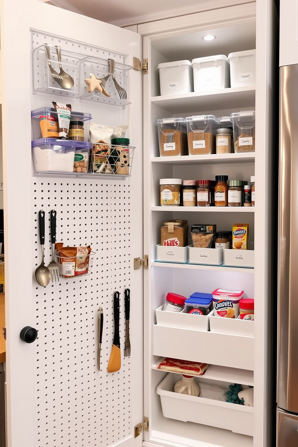 A stylish kitchen pantry featuring a large chalkboard wall for notes and reminders. The pantry is organized with open shelving displaying neatly arranged jars and baskets, creating a functional and inviting space.