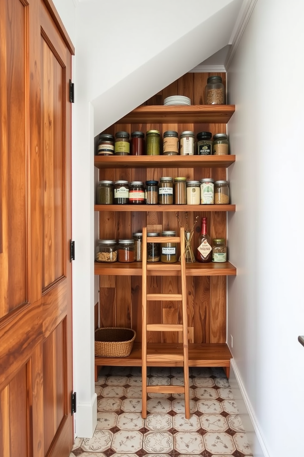 A modern kitchen pantry featuring clear containers for easy visibility and organization. The shelves are neatly arranged with various sizes of transparent storage bins filled with grains, snacks, and spices, allowing for quick access and a visually appealing display. The walls are painted in a soft white, creating a bright and airy atmosphere. A small wooden ladder leans against the shelving, providing access to higher shelves while adding a touch of rustic charm.