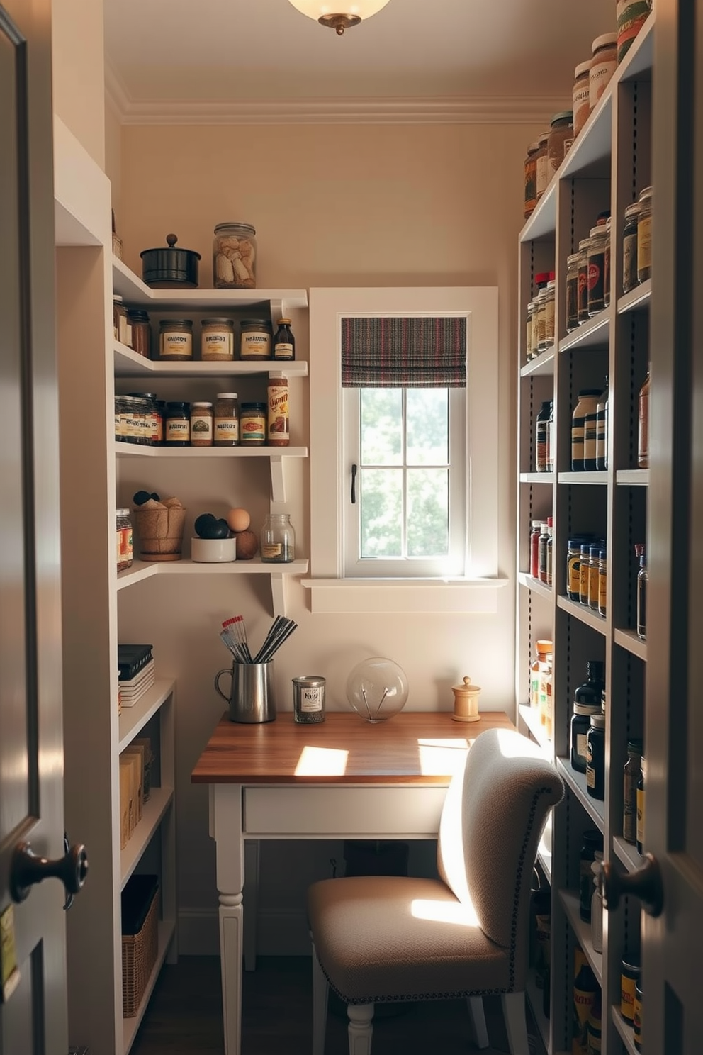 A modern kitchen pantry featuring a small workstation area. The pantry includes open shelving for easy access to ingredients and a compact desk with a stylish chair for meal prep and organization. The walls are painted in a soft white color, complemented by warm wooden accents. A pendant light hangs above the workstation, illuminating the space and creating a cozy atmosphere.