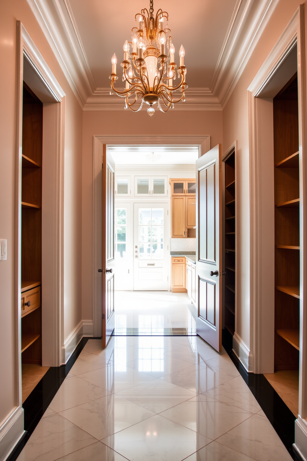 A grand entryway featuring double doors that open into a bright and airy space. The floors are adorned with elegant marble tiles, and a stunning chandelier hangs from the ceiling, adding a touch of luxury. A well-organized kitchen pantry with custom shelving and pull-out drawers for easy access. The design incorporates a mix of open and closed storage, with a warm wood finish that complements the overall kitchen aesthetic.