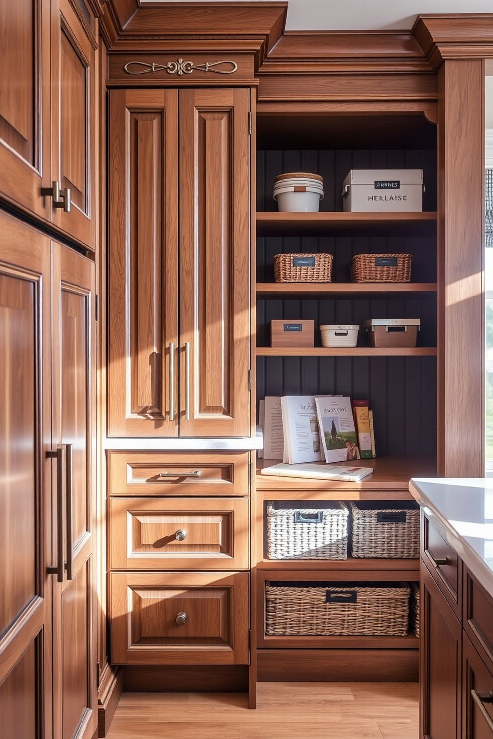 Custom cabinetry tailored to kitchen style. The cabinetry features elegant wood finishes with intricate detailing, blending seamlessly with the overall aesthetic of the kitchen. Kitchen pantry design ideas. The pantry includes open shelving for easy access to essentials, complemented by stylish storage bins and a cozy reading nook with natural light streaming in.