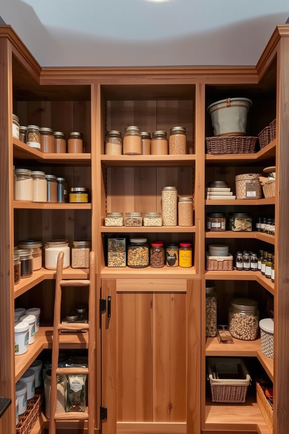 A stylish kitchen pantry featuring rolling carts for flexible storage solutions. The carts are made of sleek metal with wooden shelves and are positioned against the wall, providing easy access to ingredients and kitchen tools. The pantry walls are painted in a light, airy color, enhancing the overall brightness of the space. Clear glass jars filled with colorful spices and grains are neatly organized on the shelves, adding a pop of color and a touch of elegance.