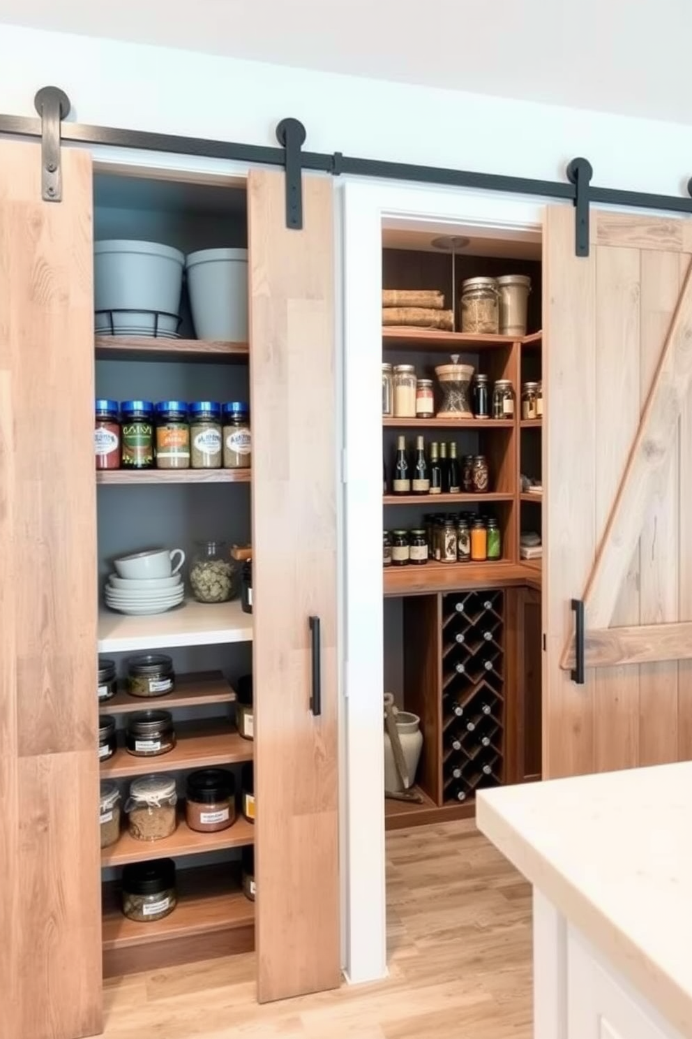 A modern kitchen pantry featuring sliding doors that seamlessly blend with the cabinetry. The interior is organized with open shelving and pull-out drawers for easy access to ingredients and kitchen tools.