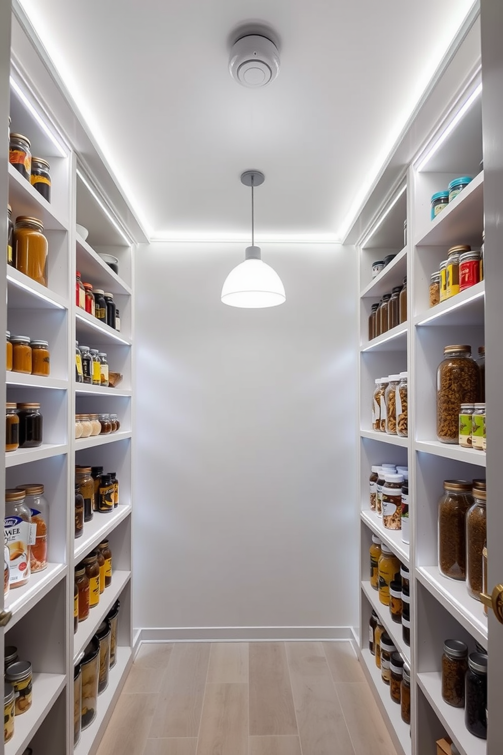 A modern kitchen pantry featuring sleek magnetic strips for organizing utensils. The walls are painted in a soft white, and open shelving displays neatly arranged jars and containers.