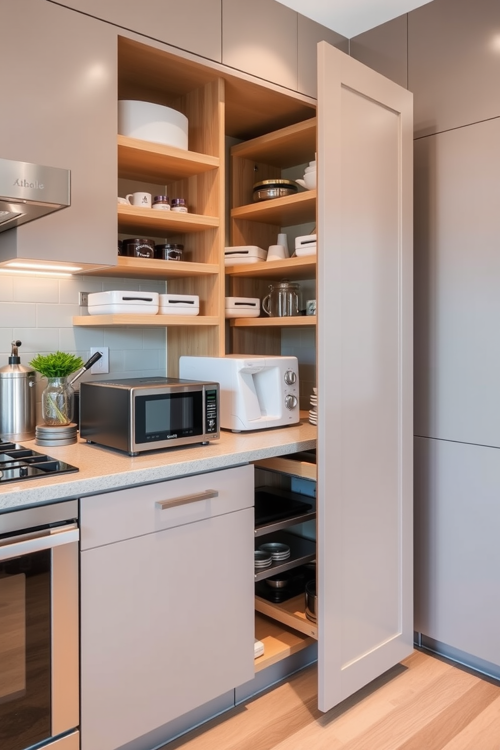 A modern kitchen pantry featuring pull-out shelves for easy access to ingredients and cooking essentials. The shelves are crafted from sleek wood with a soft-close mechanism, ensuring a smooth and quiet operation. The pantry is designed with ample lighting and organized storage solutions, including clear containers for visibility. A stylish countertop above the shelves provides additional workspace for meal prep and organization.