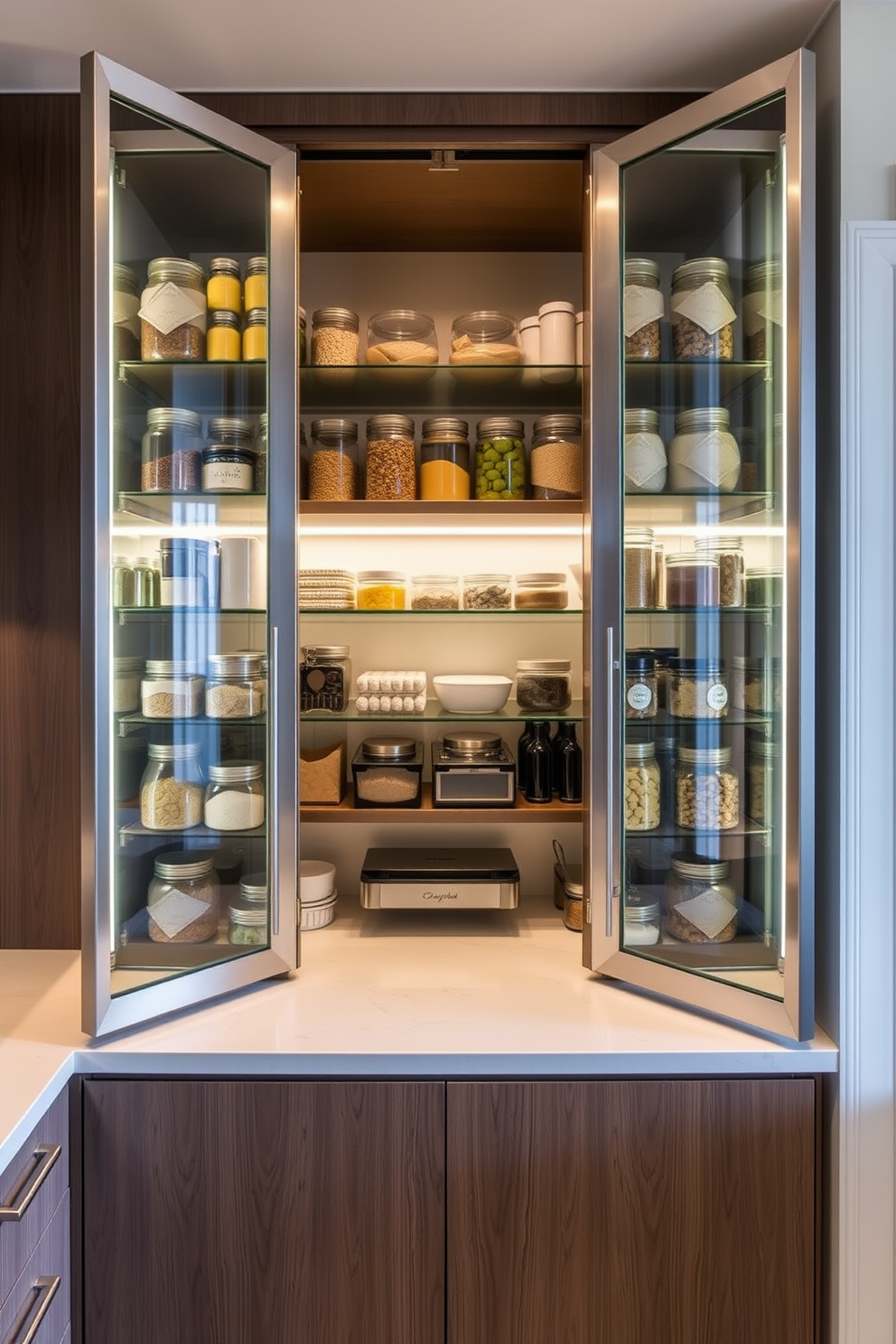 A modern kitchen pantry featuring pull-out drawers for efficient storage. The design includes sleek cabinetry with a minimalist aesthetic and ample shelving for organization.