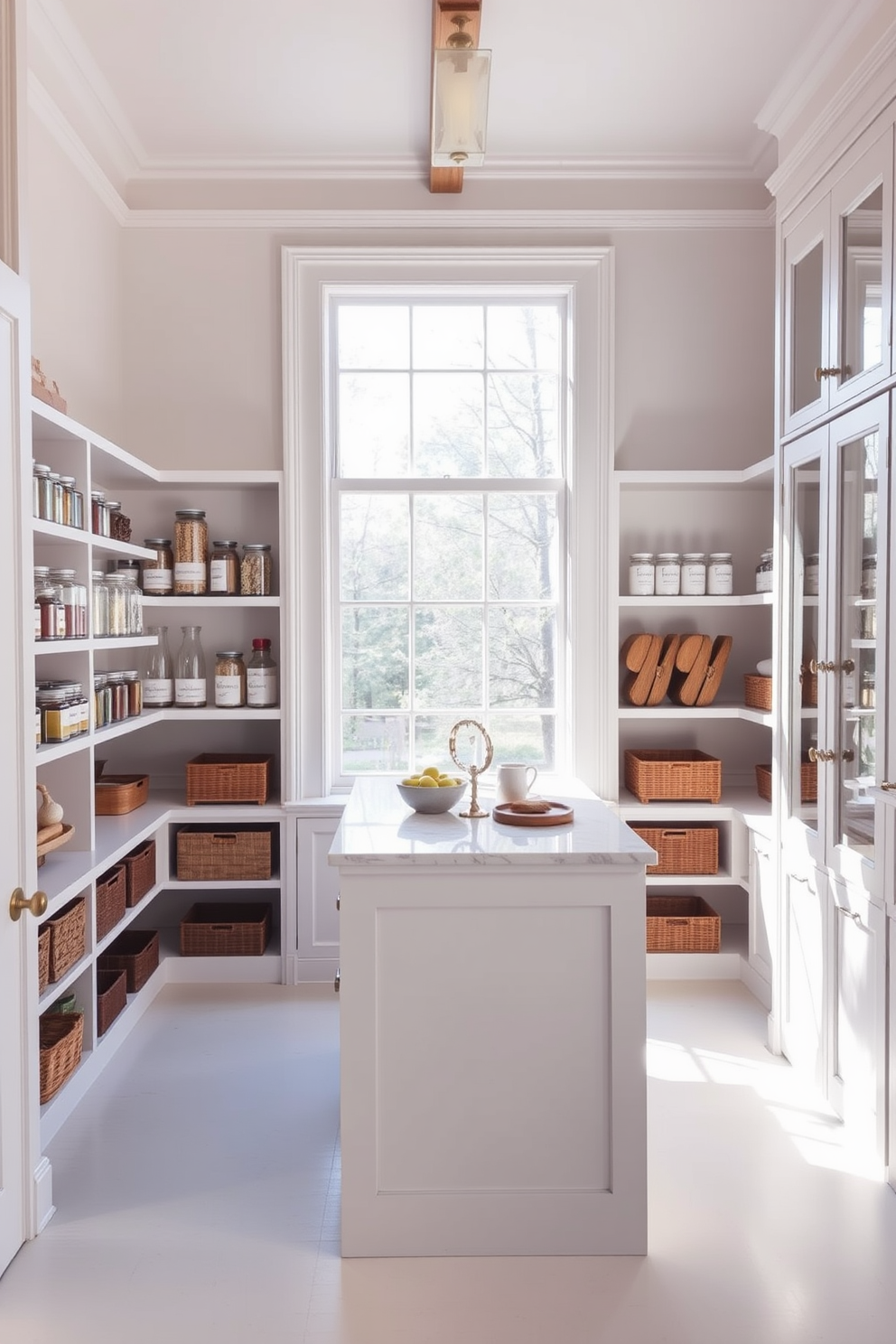 An open concept pantry with large windows allowing natural light to flood the space. The shelves are filled with neatly organized glass jars and wooden baskets, creating an inviting and airy atmosphere. The walls are painted in a soft white hue, complemented by light wood accents throughout. A small island in the center features a marble top, providing additional workspace and a casual dining area.