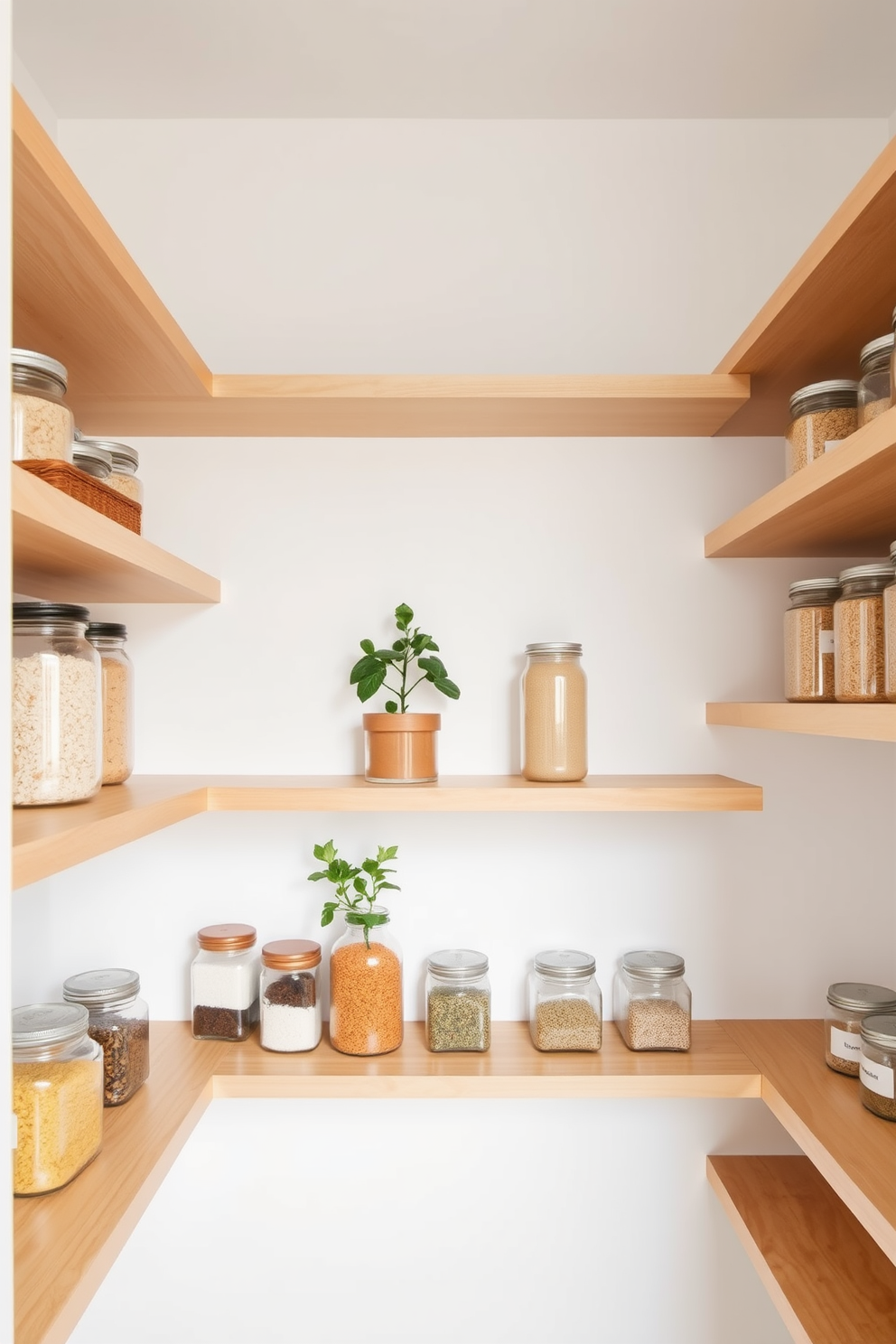 A modern kitchen pantry featuring tiered wooden shelves for easy access to various pantry items. The shelves are organized with labeled glass jars, baskets, and a small herb garden on the top tier, complemented by warm LED lighting.