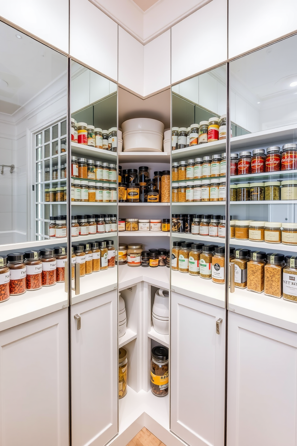 A modern kitchen pantry featuring mirrored doors that create an illusion of spaciousness. The shelves are organized with neatly labeled containers and vibrant spices, enhancing both functionality and aesthetics.