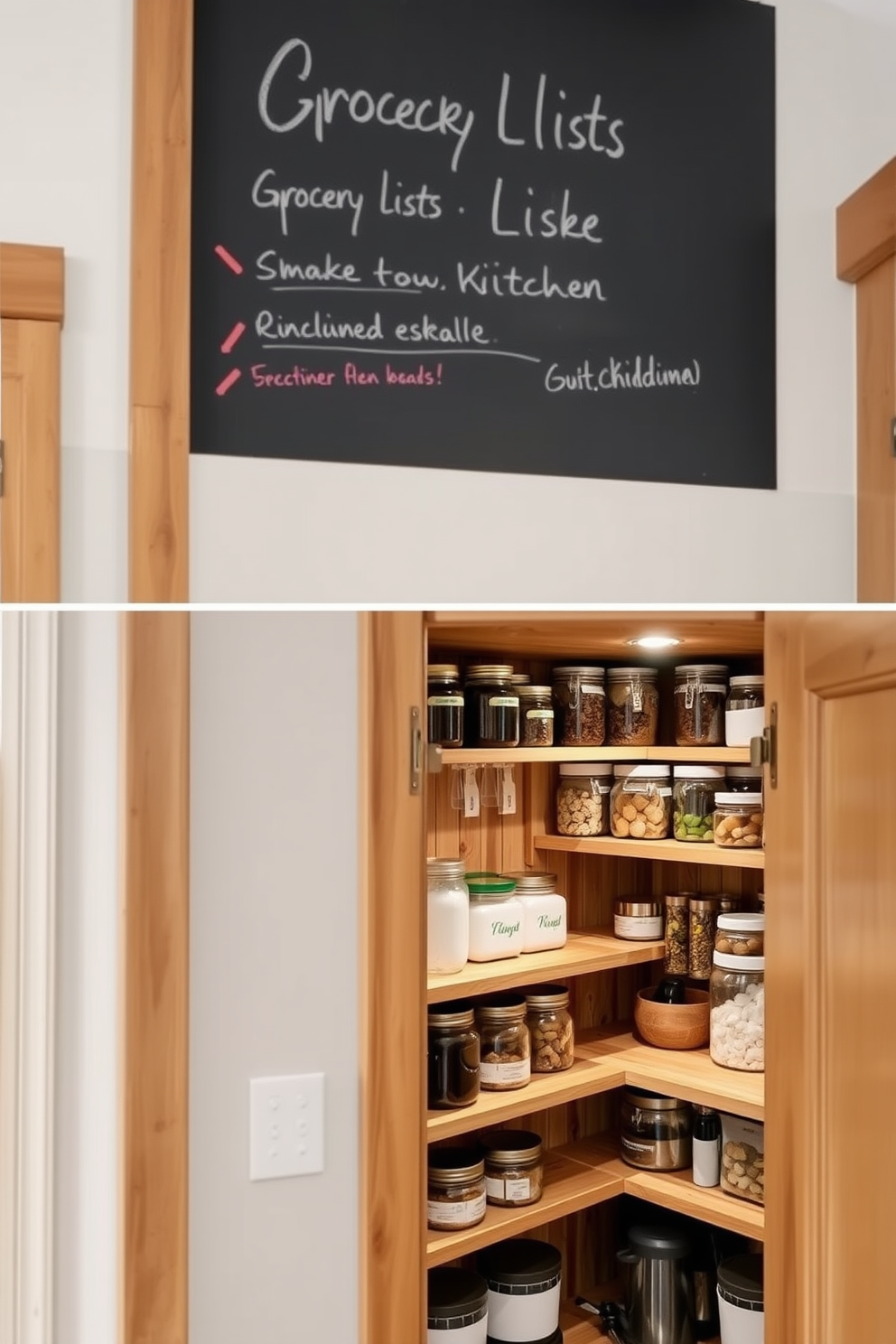 A chalkboard wall is installed in the kitchen, providing a practical space for grocery lists and meal planning. The wall is framed with wooden trim, and colorful chalk adds a playful touch to the overall design. The kitchen pantry features open shelving made of reclaimed wood, showcasing neatly organized jars and containers. Soft LED lighting illuminates the space, creating a warm and inviting atmosphere for food storage.