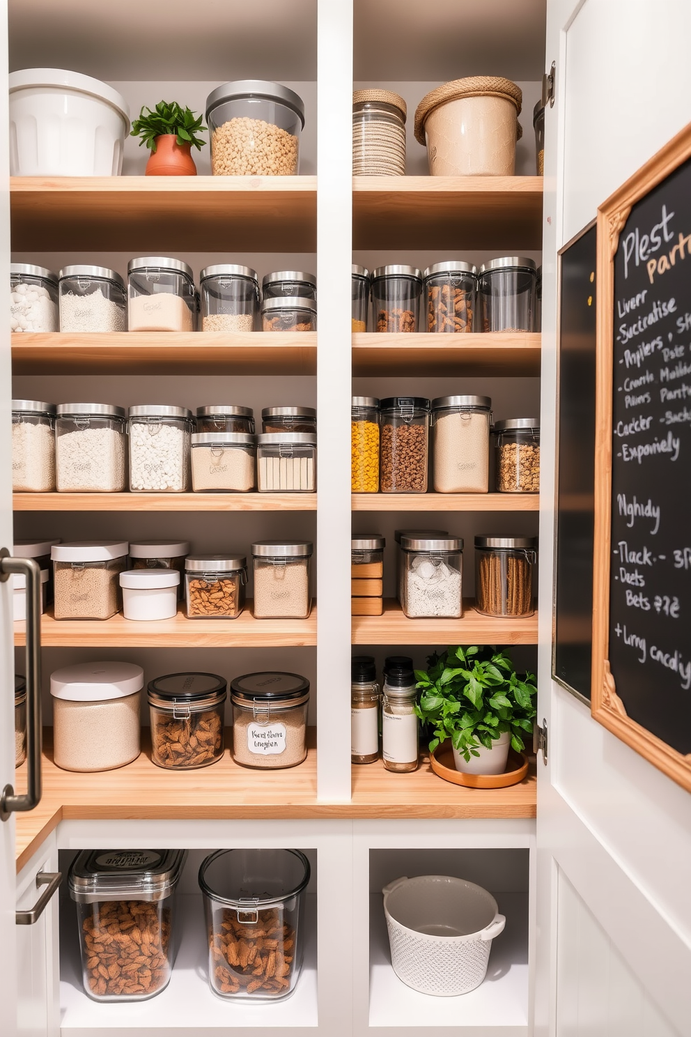 A stylish kitchen pantry featuring tiered shelving that maximizes vertical space. The shelves are made of natural wood and are organized with clear containers for easy access to ingredients. The pantry is painted in a soft white color, enhancing the brightness of the space. Decorative elements like potted herbs and a chalkboard for notes add a personal touch.