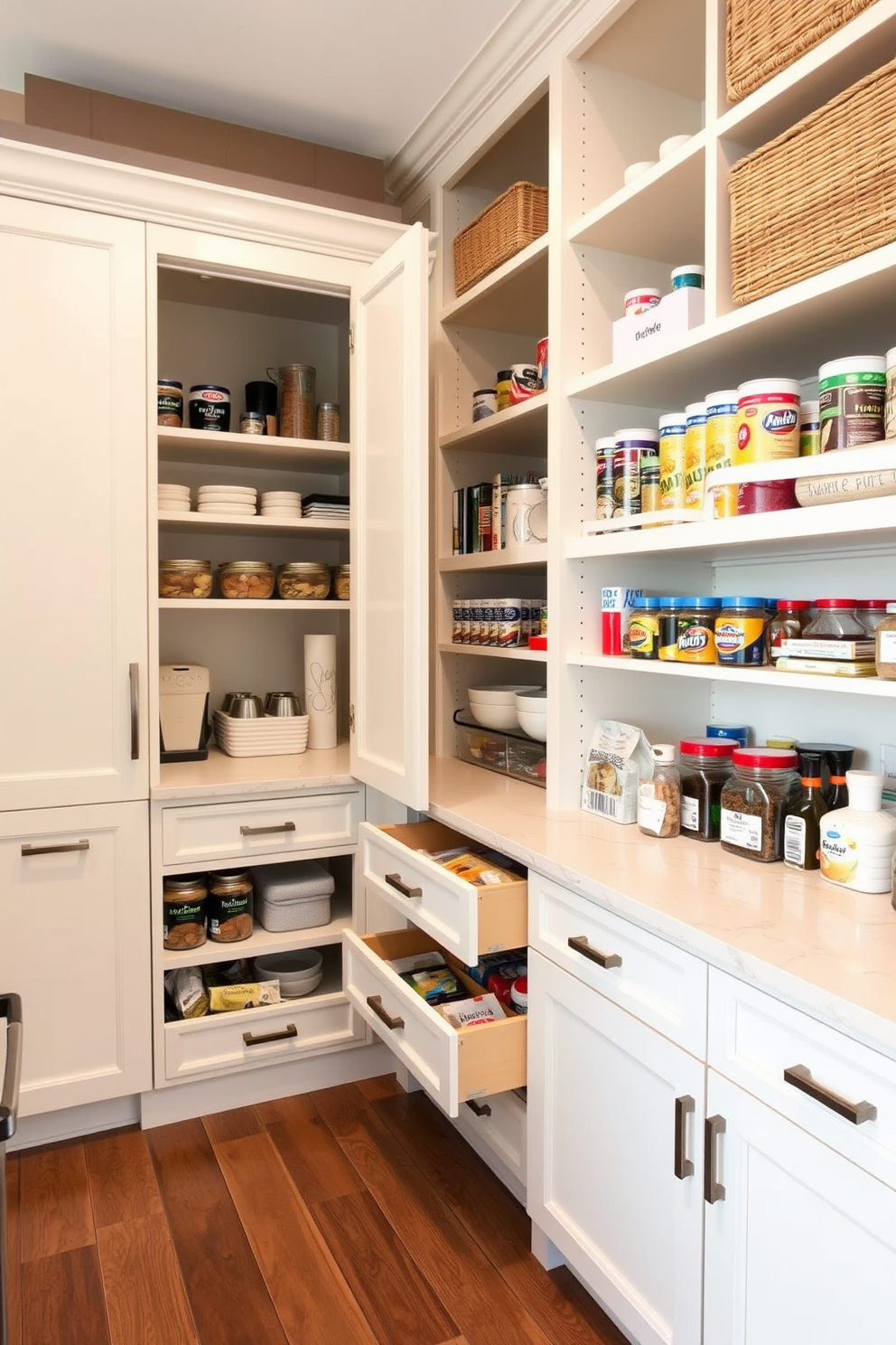 A spacious kitchen pantry with deep drawers designed for bulky items. The cabinetry features a combination of open shelving and closed storage to maximize organization and accessibility.