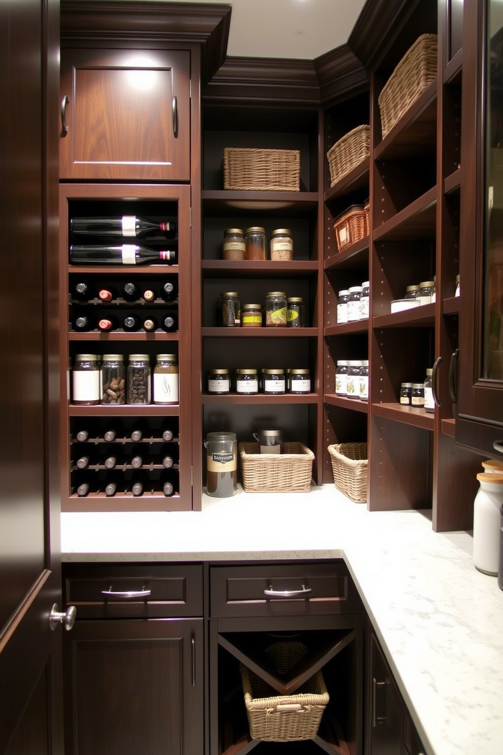 A cozy pantry nook features a built-in wooden bench with plush cushions, perfect for casual dining or morning coffee. The walls are lined with open shelving displaying neatly organized jars and ingredients, creating an inviting atmosphere. In the corner, a small round table complements the seating area, surrounded by stylish chairs. Soft lighting illuminates the space, highlighting the warm tones of the cabinetry and the rustic charm of the decor.