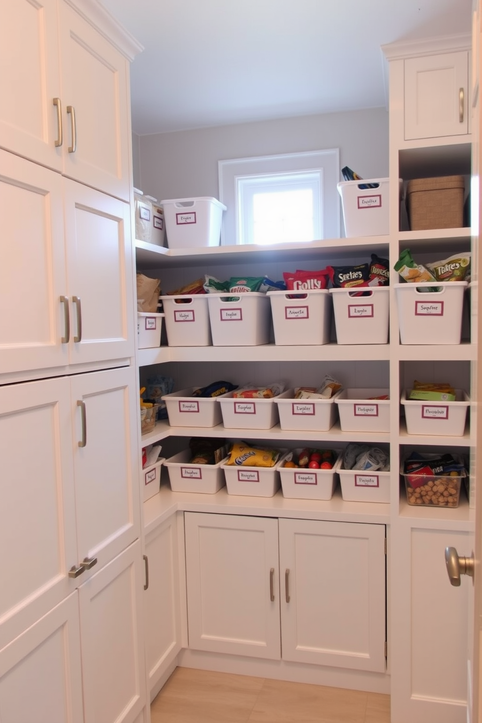 Organized bins for snack storage are neatly arranged on the shelves of a spacious kitchen pantry. Each bin is labeled for easy access, creating a visually appealing and functional space. The pantry features a combination of open shelving and closed cabinets, painted in a soft white color. Natural light filters in through a small window, illuminating the neatly organized snacks and making the space feel inviting.