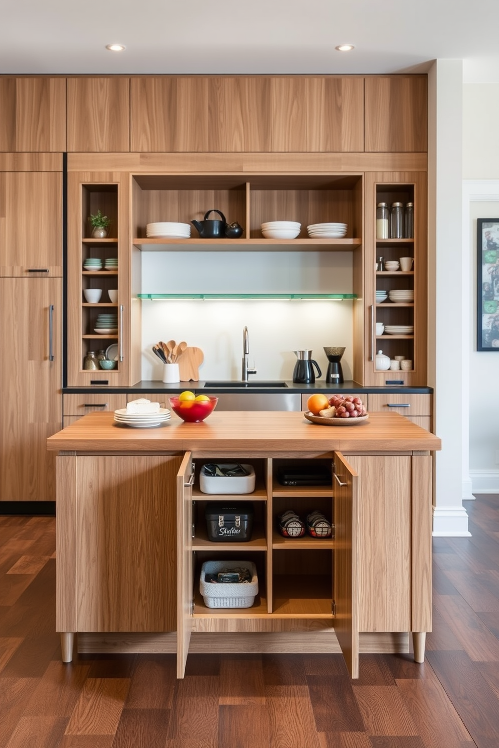 A stylish kitchen pantry featuring a rolling cart for easy mobility. The pantry is organized with open shelving displaying neatly arranged jars and containers, while the rolling cart holds frequently used items for quick access.