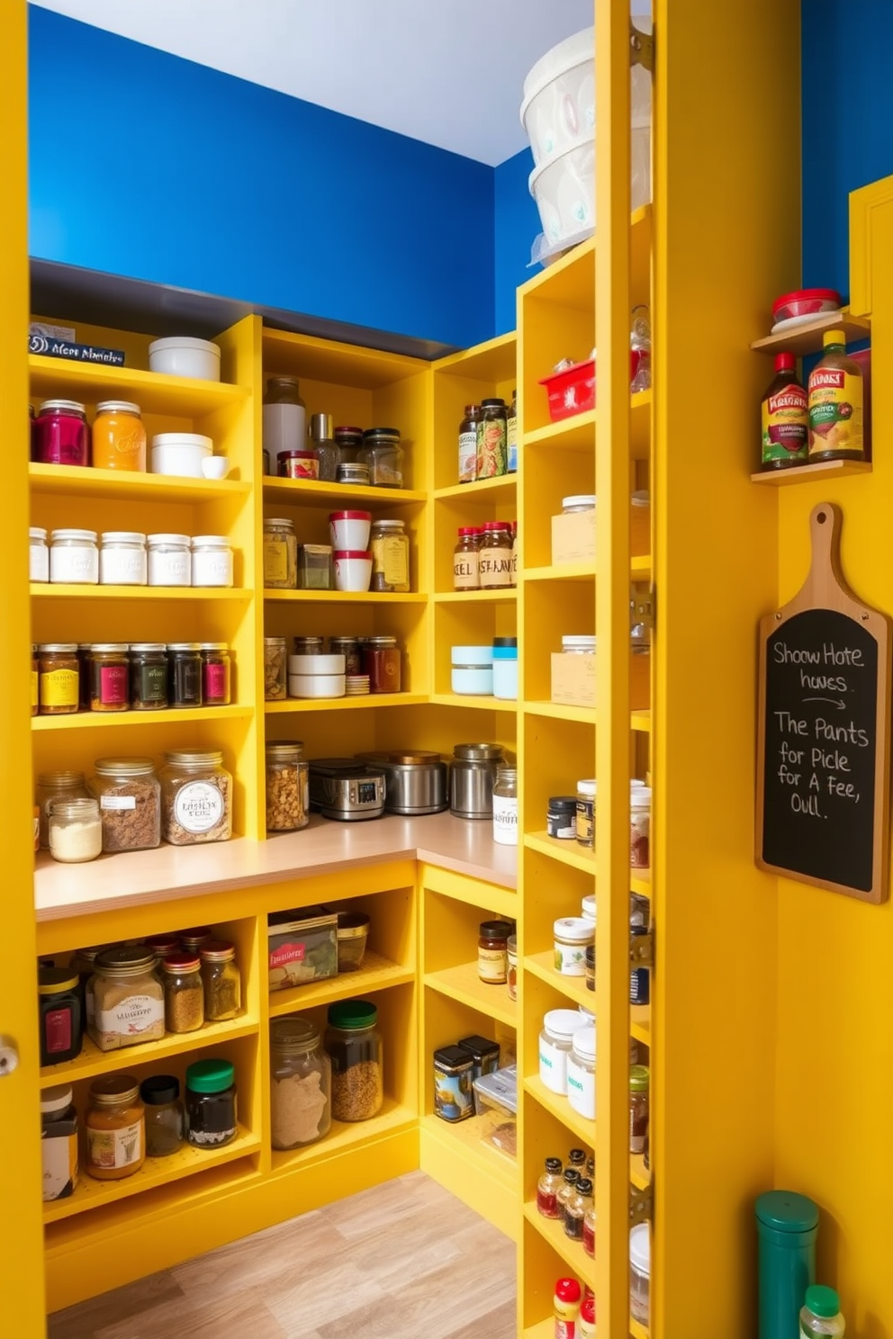 A spacious kitchen pantry designed for efficiency and organization. The walls are lined with custom wooden shelves filled with neatly arranged jars and containers, while a bulletin board is mounted on the door for reminders and notes. A cozy nook is created with a small table and two chairs, perfect for planning meals. Soft lighting illuminates the space, enhancing the warm tones of the cabinetry and the inviting atmosphere.