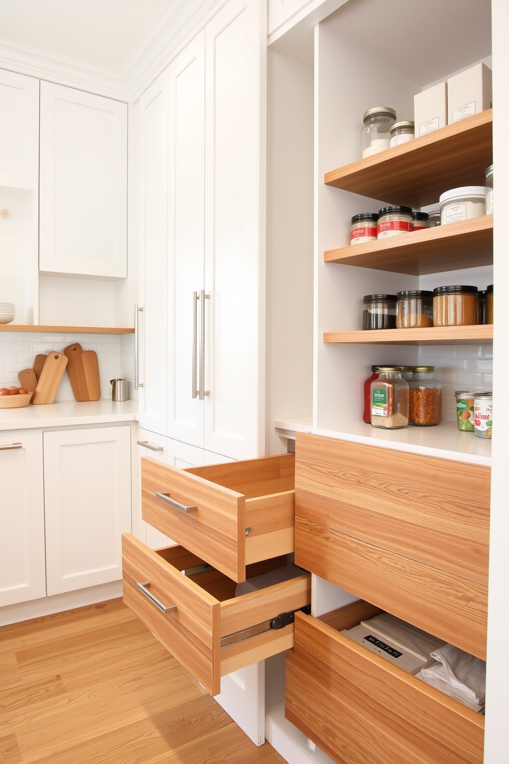 A stylish kitchen pantry featuring glass-front cabinets that showcase neatly organized jars and containers. The cabinetry is painted in a soft white hue, complemented by brass hardware for a touch of elegance. The pantry is spacious with open shelving for easy access to frequently used items. A small wooden island in the center provides additional workspace and a cozy seating area.