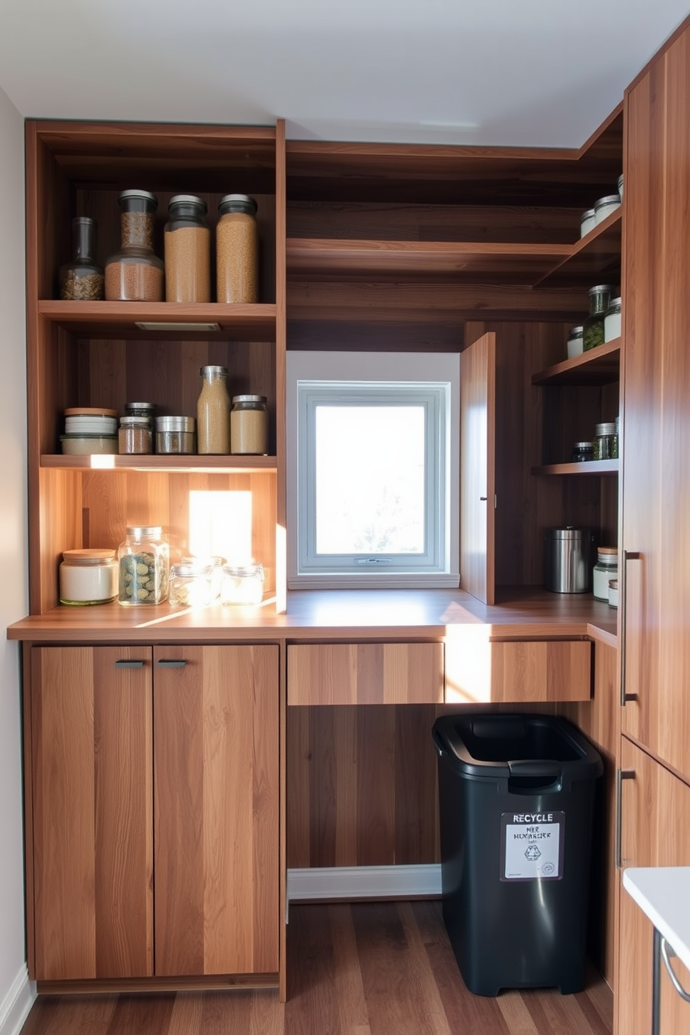 A spacious kitchen pantry featuring open shelving made from reclaimed wood. The shelves are filled with glass jars containing grains, spices, and dried fruits, showcasing a minimalist yet organized aesthetic. Natural light floods the space through a large window, highlighting the bamboo flooring. A small herb garden sits on the windowsill, adding a touch of greenery and freshness to the eco-friendly design.