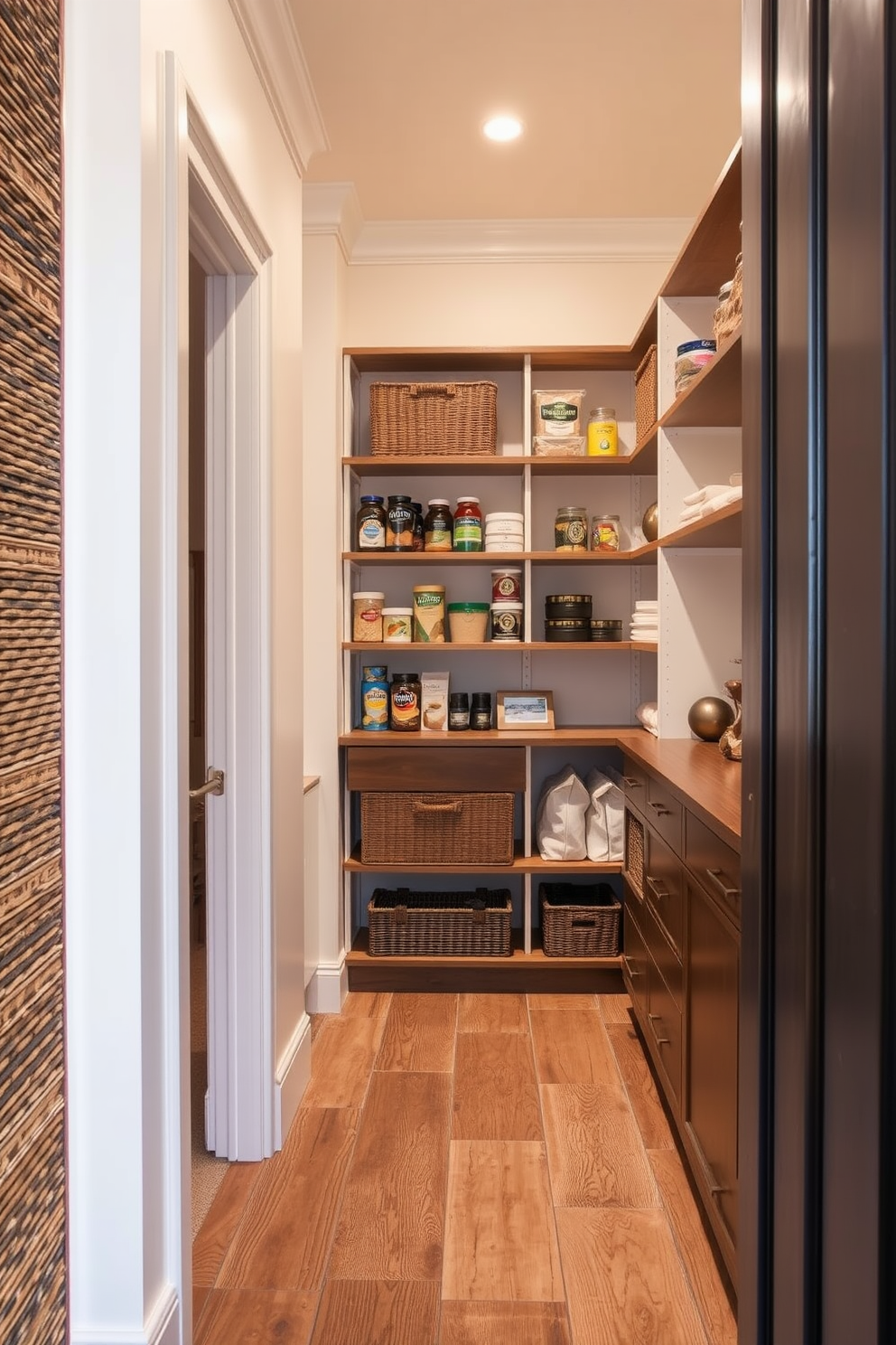 A stylish corner cabinet designed to maximize space features a sleek finish with open shelving for easy access to pantry items. The interior is organized with pull-out drawers and baskets, making it functional while maintaining a modern aesthetic. The kitchen pantry includes a combination of closed cabinetry and open shelving for both storage and display. Soft lighting illuminates the space, highlighting neatly arranged jars and containers, creating an inviting atmosphere.