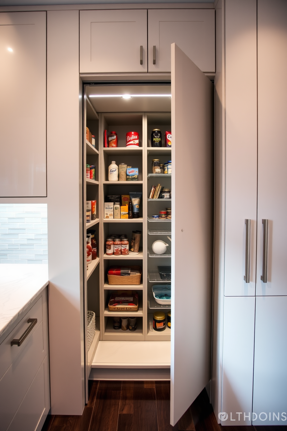 A hidden pantry seamlessly integrated behind elegant cabinet doors offers a blend of functionality and aesthetics. The cabinetry features a sleek finish with minimalist hardware, creating a cohesive look with the surrounding kitchen design. Inside the pantry, organized shelves display an array of food items and kitchen essentials, ensuring easy access and storage. Soft LED lighting illuminates the space, enhancing visibility while maintaining a warm and inviting atmosphere.